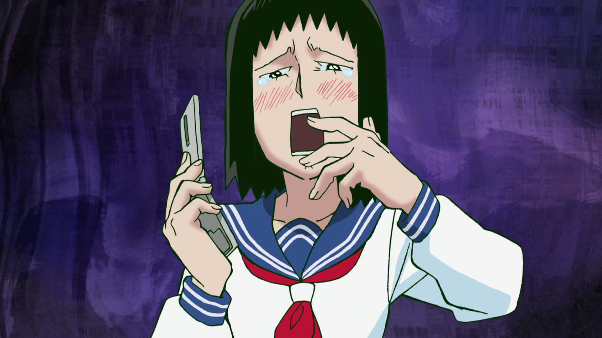 Tome Kurata 桌布 壁紙 — 一個穿著水手服的苦惱動漫女孩，在深紫色背景下，拿著電話貼在耳邊哭泣。