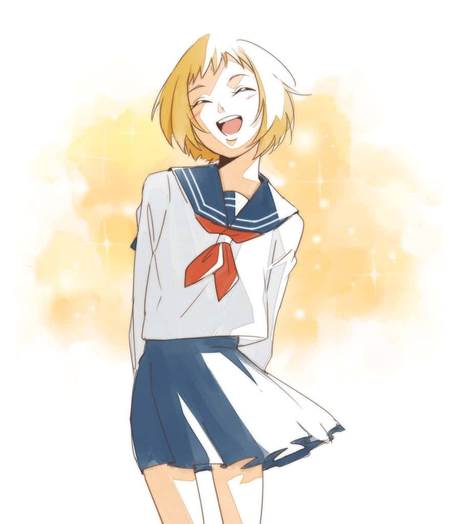 Ichi Mezato 桌布 壁紙 — 一個穿著水手服的開心動漫女孩，身後閃爍著金色光芒，正在大笑。