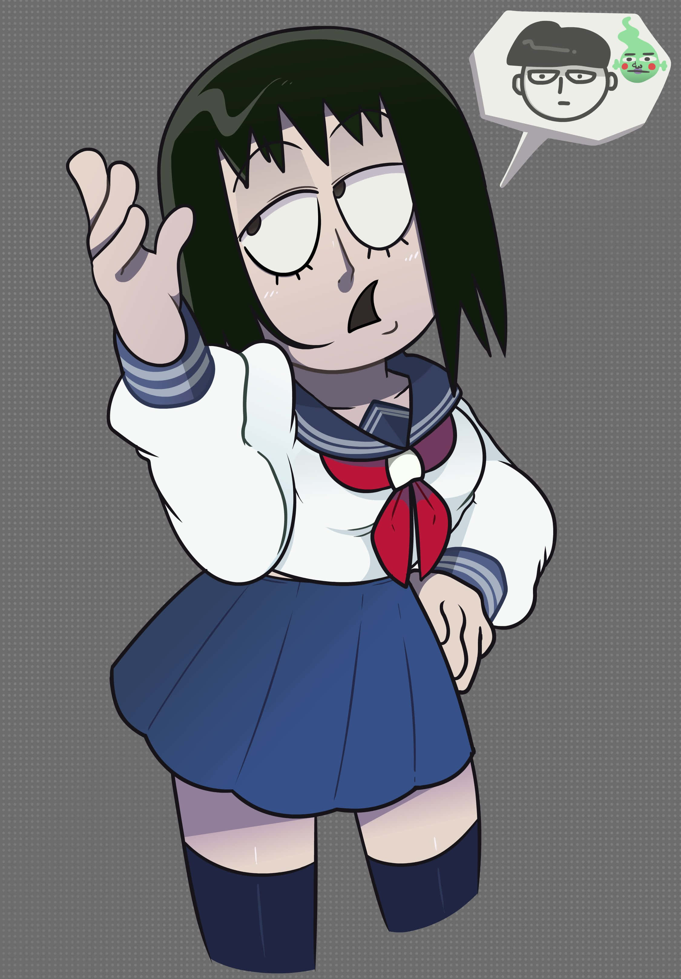 Tome Kurata 桌布 壁紙 — 一個穿著水手服的驚訝動漫女孩單手揮舞，同時一個思想泡泡顯示一個男孩和一個綠色生物。
