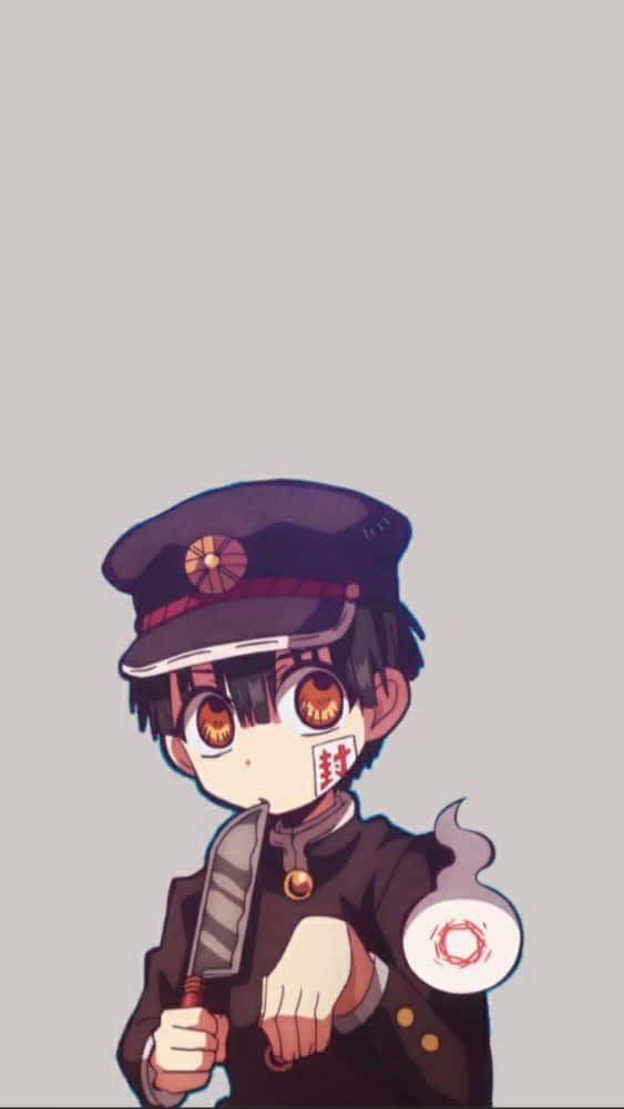花子君 桌布 壁紙 — 一個穿著深色制服和帽子的Q版動畫男孩，臉頰上有發光的紅色印記，手持一把刀，背景為純灰色。