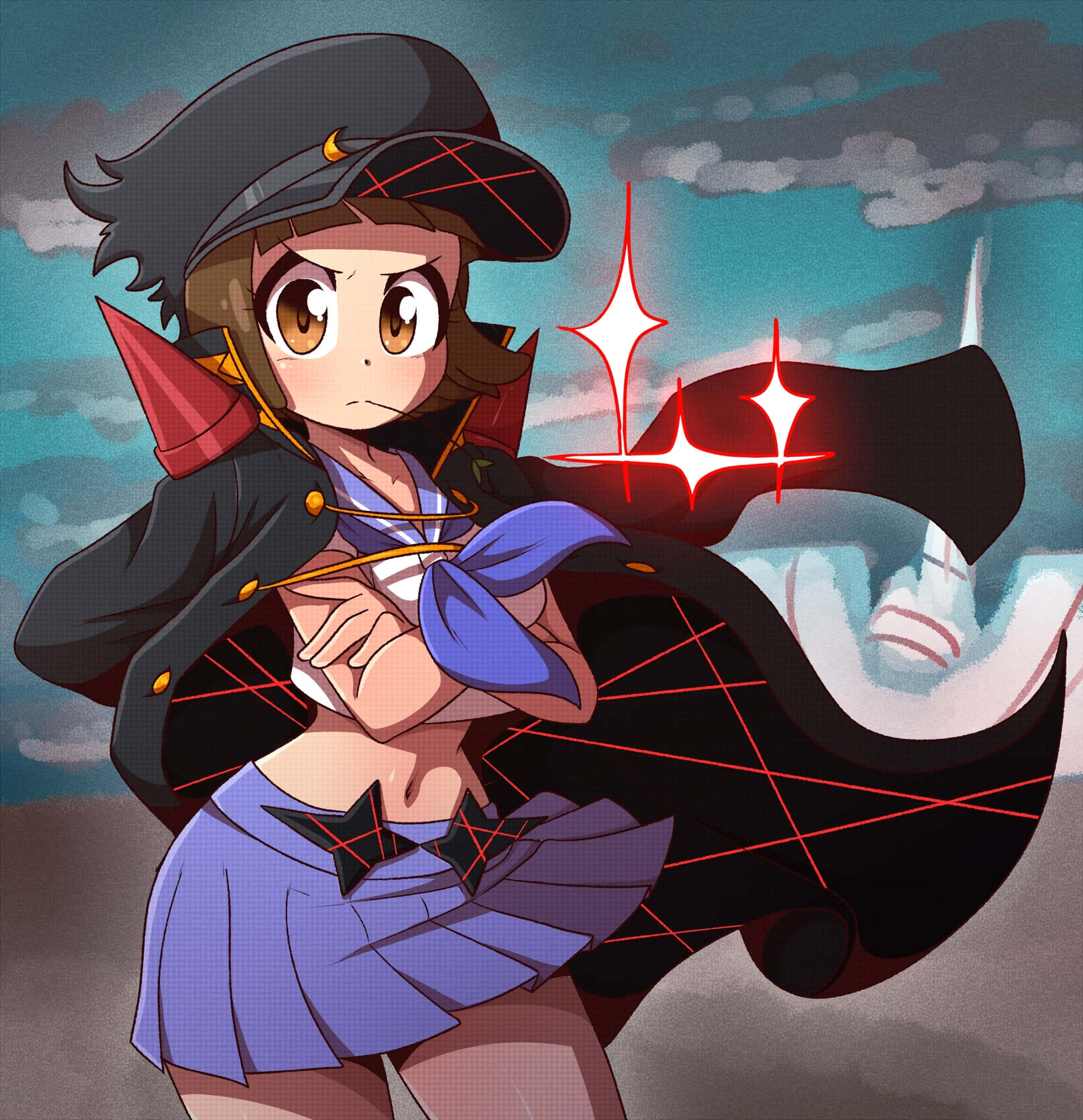 Mako Mankanshoku 桌布 壁紙 — 一個穿著深色外套和帽子的堅定動漫女孩，站在暴風雨的天空下，身後有發光的紅色星星和一個幽靈般的身影。