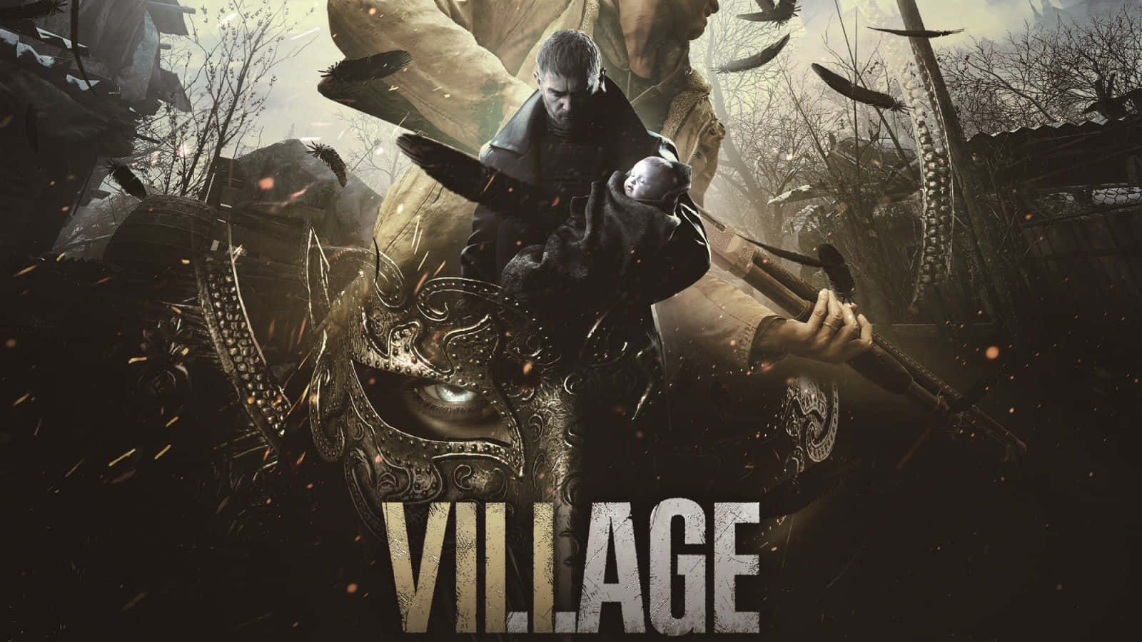 Resident Evil Village 桌布 壁紙 — 一個穿著深色外套的男人抱著一個孩子，而怪物般的身影在黃昏時分的霧氣村莊中若隱若現。