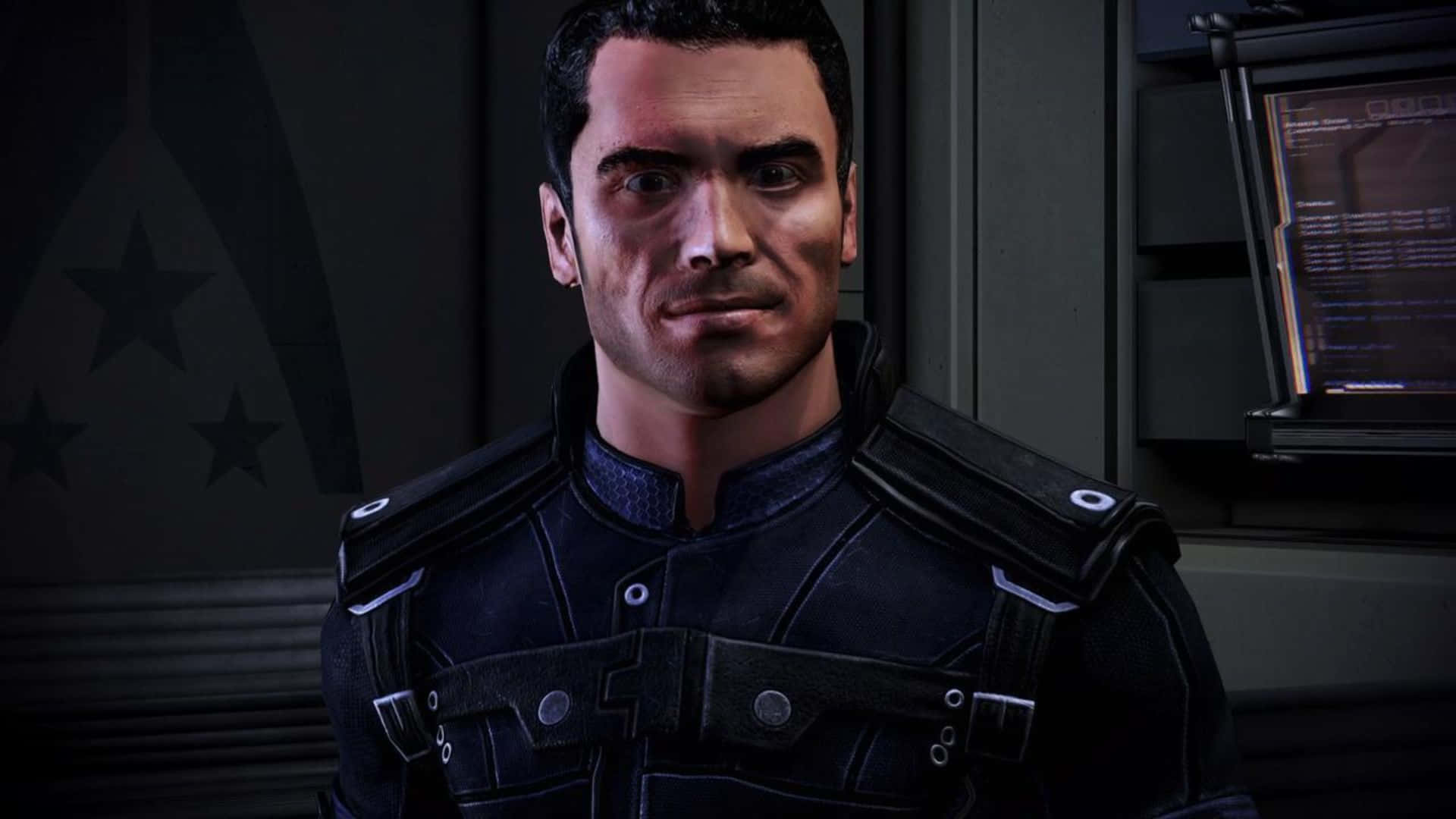 Kaidan Alenko 桌布 壁紙 — 一個穿著深色未來裝甲的男人站在一個燈光昏暗的科幻房間裡，牆上有星星標誌。