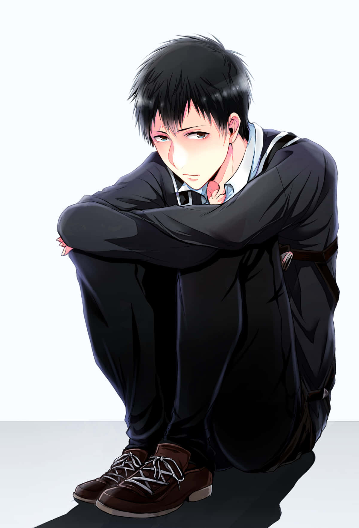 Bertholdt Hoover 桌布 壁紙 — 一個穿著深色校服的憂鬱動漫男孩，在純白背景前蜷縮著坐著，雙臂環抱膝蓋。
