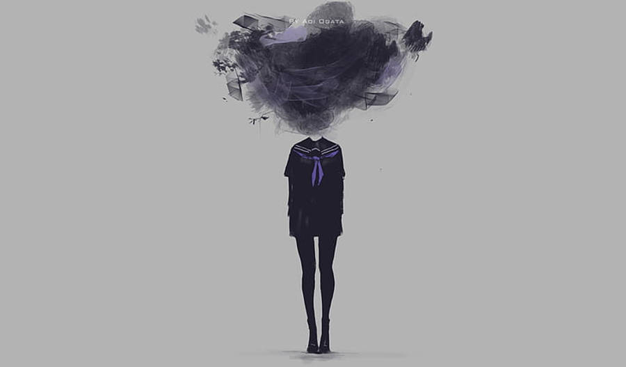 強勢女強人 桌布 壁紙 — 一個穿著深色校服的身影站立著，頭部被一團旋轉的碎片形狀和深紫色煙霧取代。