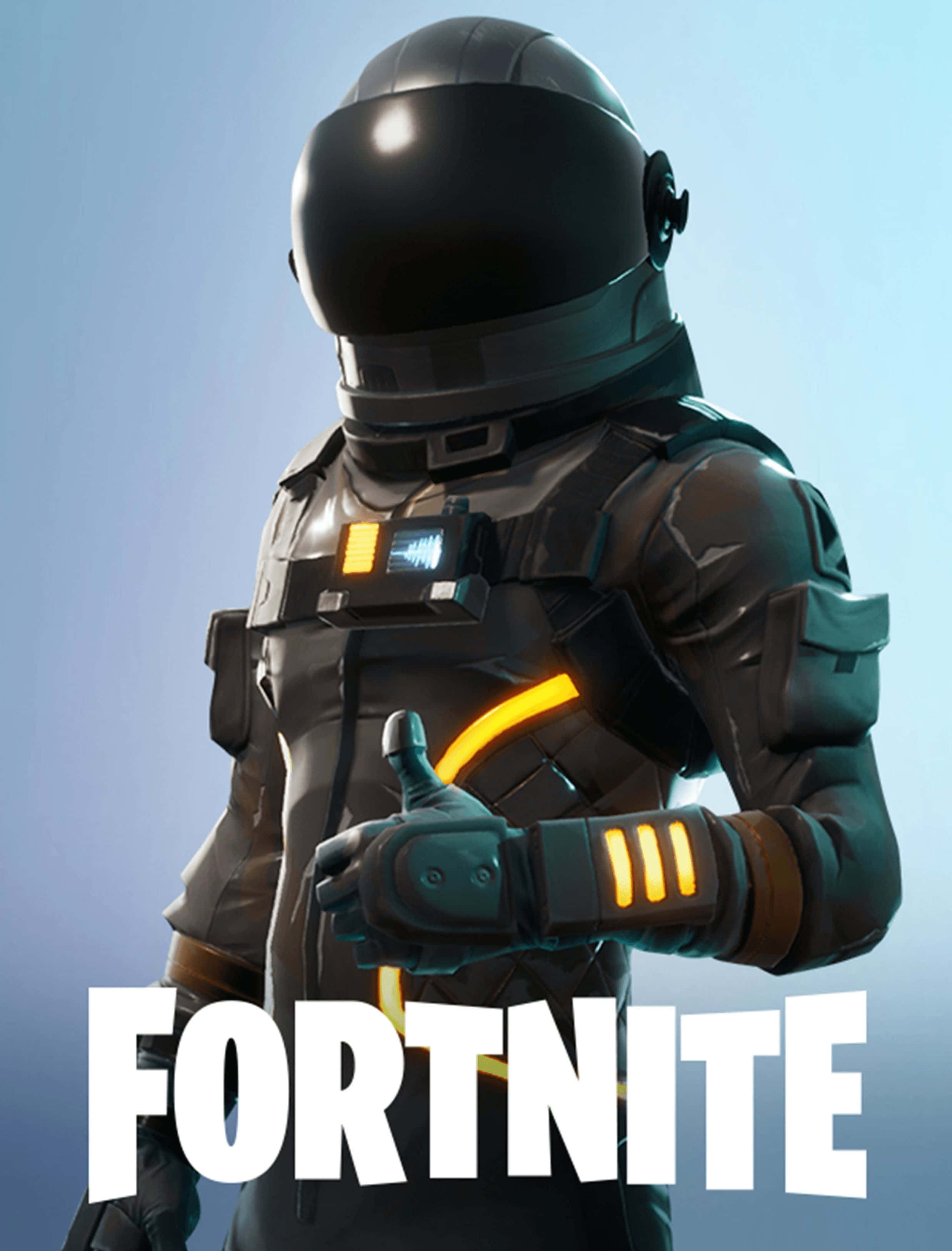 Fye No Skin Fortnite 桌布 壁紙 — 一個穿著深色盔甲的Fortnite太空人，在柔和的藍色漸變背景前豎起大拇指。