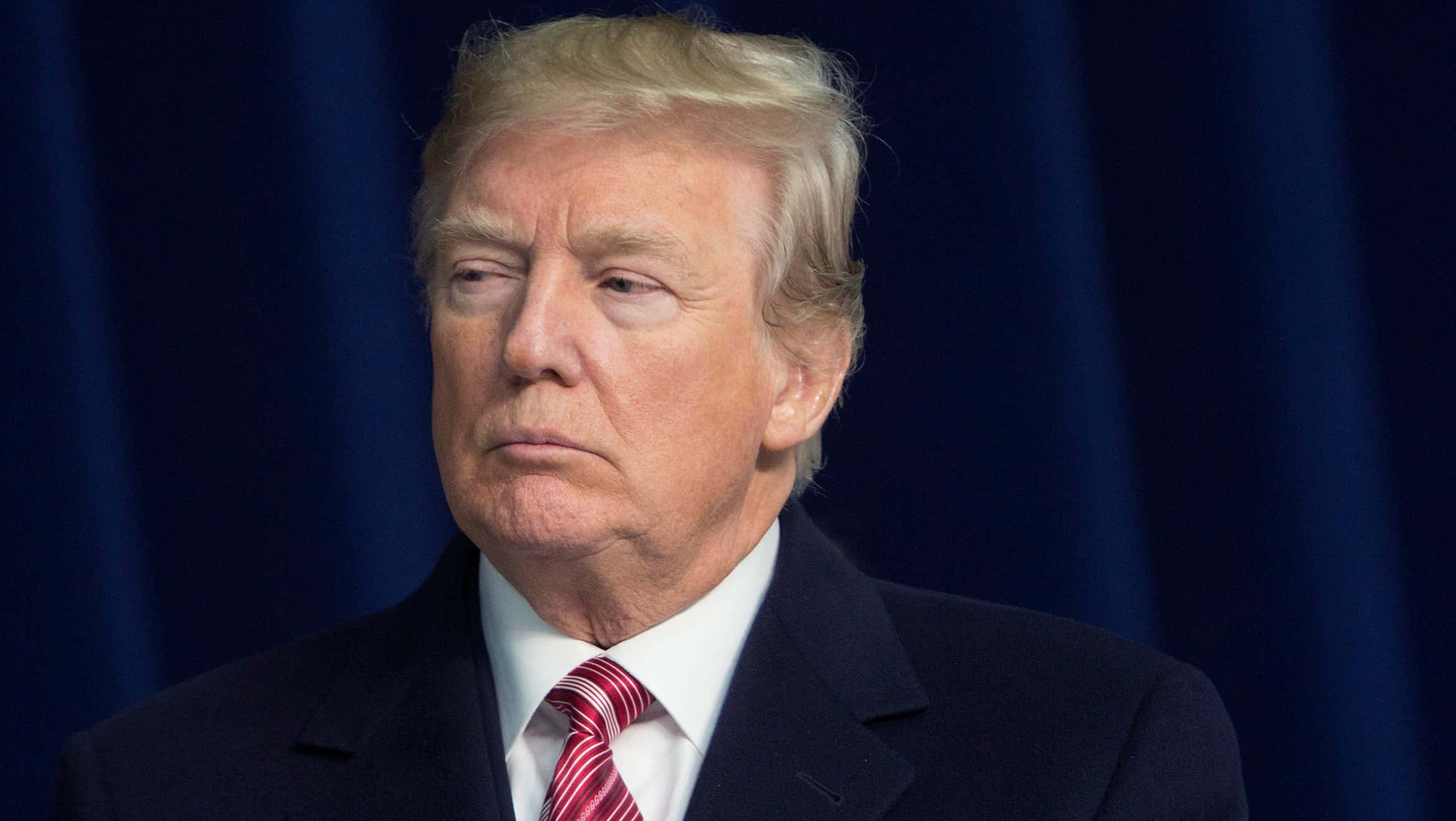 trump 桌布 壁紙 — 一個穿著深色西裝和紅色條紋領帶的男士特寫肖像，背景是深藍色窗簾。