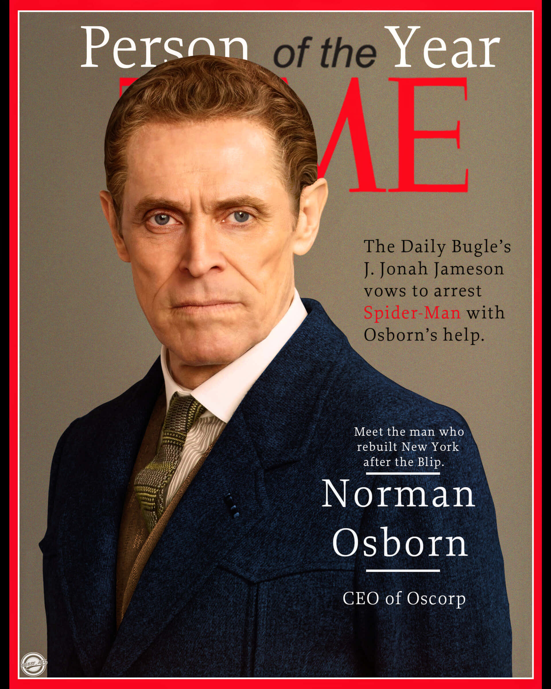Norman Osborn 桌布 壁紙 — 一個穿著深色西裝的嚴肅男子，從《時代》雜誌封面以粗體紅色字體宣告他為「年度風雲人物」，眼神銳利地凝視著。
