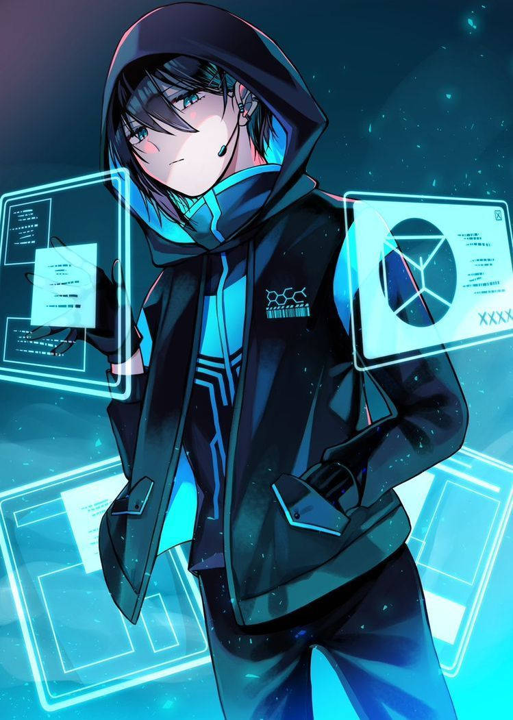 Anime Boy Gamer 桌布 壁紙 — 一個穿著深色連帽衫的賽博龐克動漫青少年，在星光數位背景前操控發光的藍色全息介面。