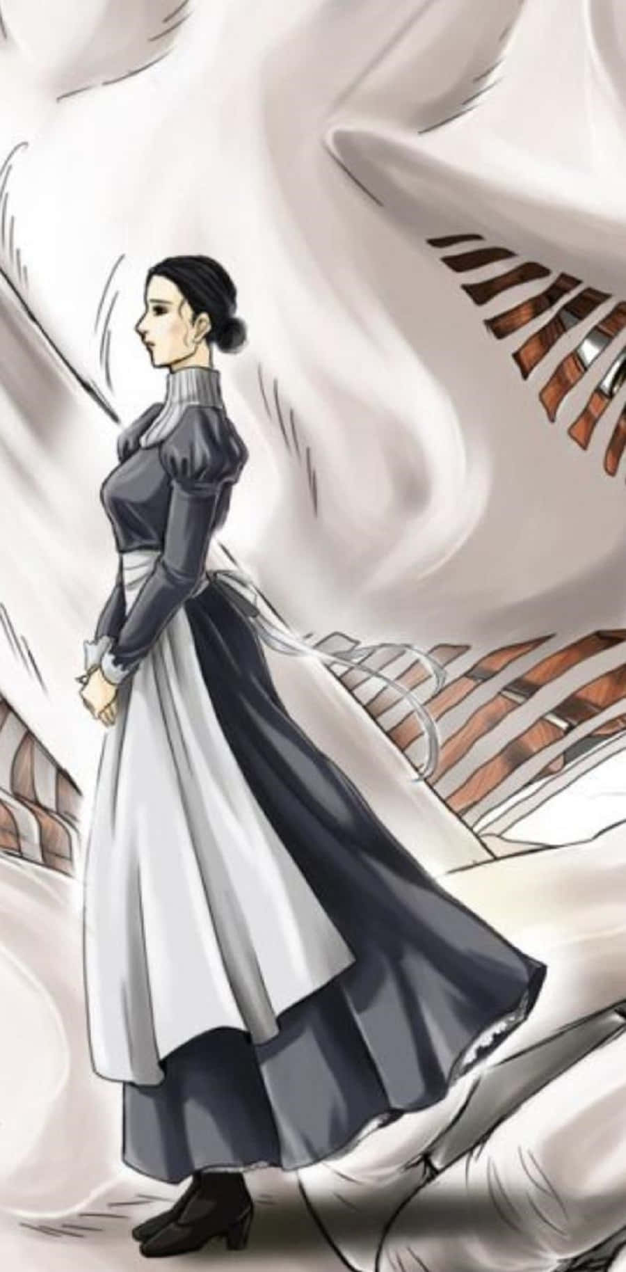 War Hammer Titan 桌布 壁紙 — 一個穿著深色連衣裙的女人冷靜地站在一個露出胸腔的巨人泰坦旁邊，構成一個戲劇性的動畫場景。