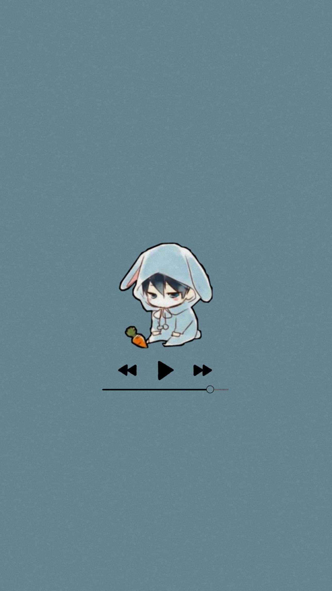 Aesthetic Music 桌布 壁紙 — 一個穿著淺藍色兔兔連帽衫的Q版動畫男孩，坐在柔和青綠色背景上，拿著胡蘿蔔在媒體播放器欄上方。