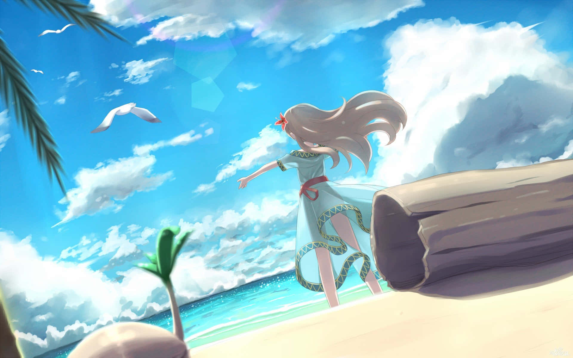 藍裙動漫女孩在陽光海灘上與海鷗和棕櫚樹 — 薩爾達 GIF 壁紙