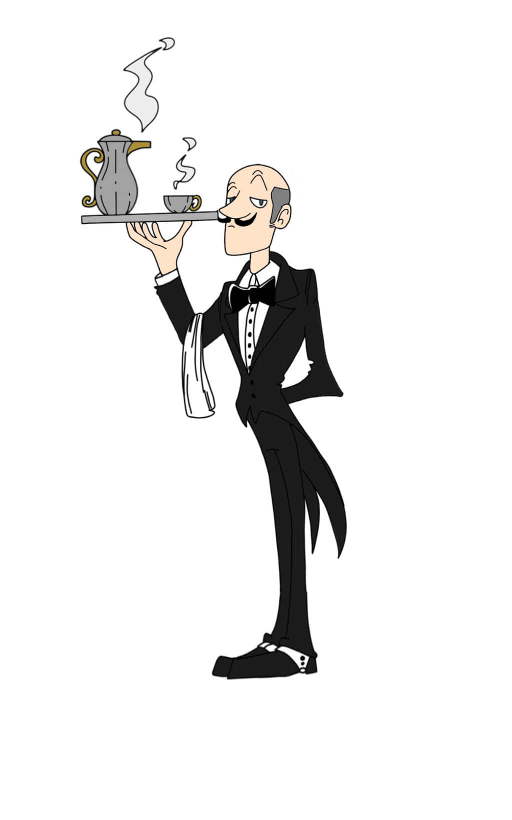 Alfred Pennyworth 桌布 壁紙 — 一個穿著燕尾服的卡通管家自信地微笑著，在托盤上平衡著冒煙的咖啡套裝。