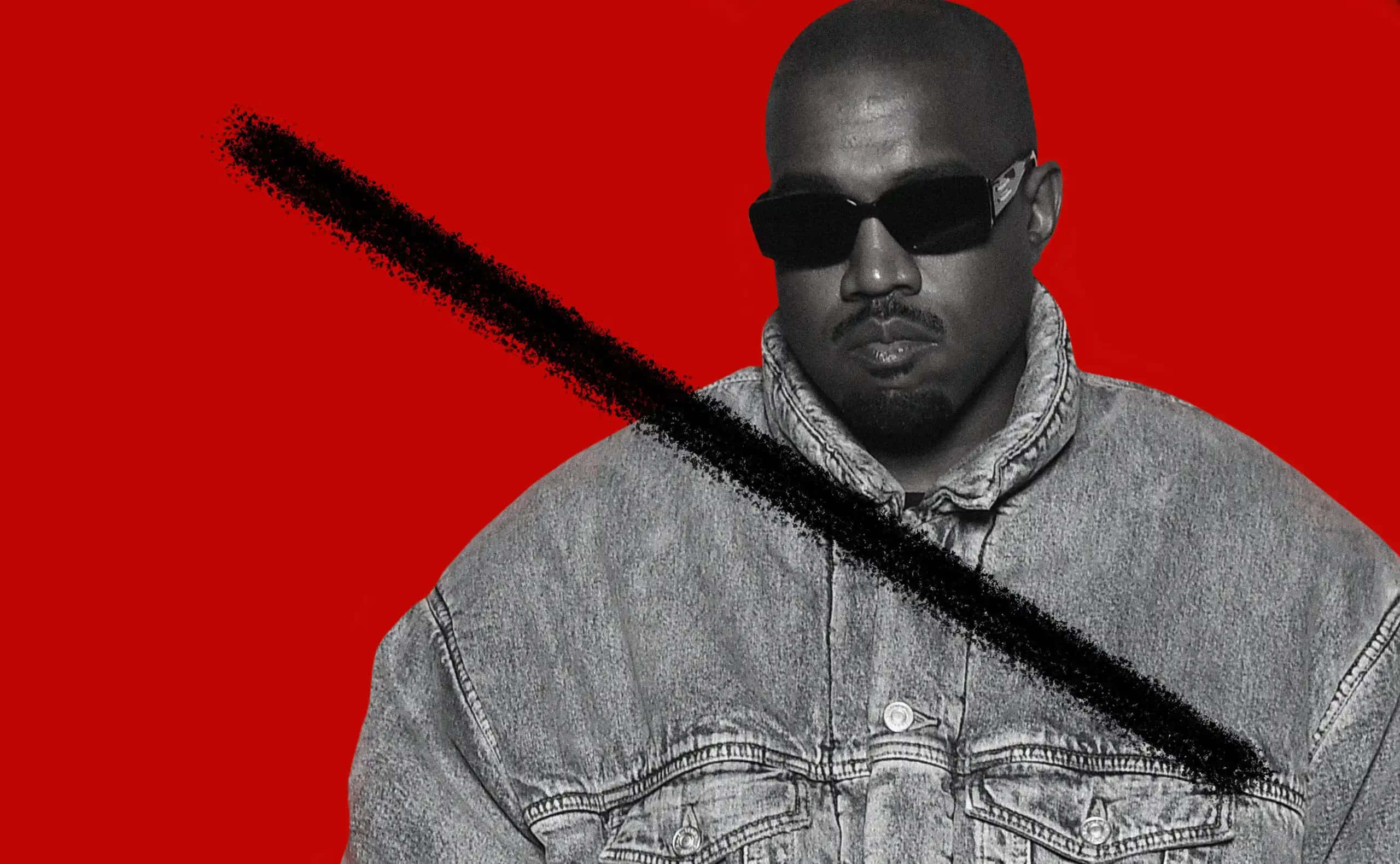 Kanye 桌布 壁紙 — 一個穿著牛仔褸和太陽眼鏡的男人，在鮮紅色背景上被黑色筆觸劃掉。
