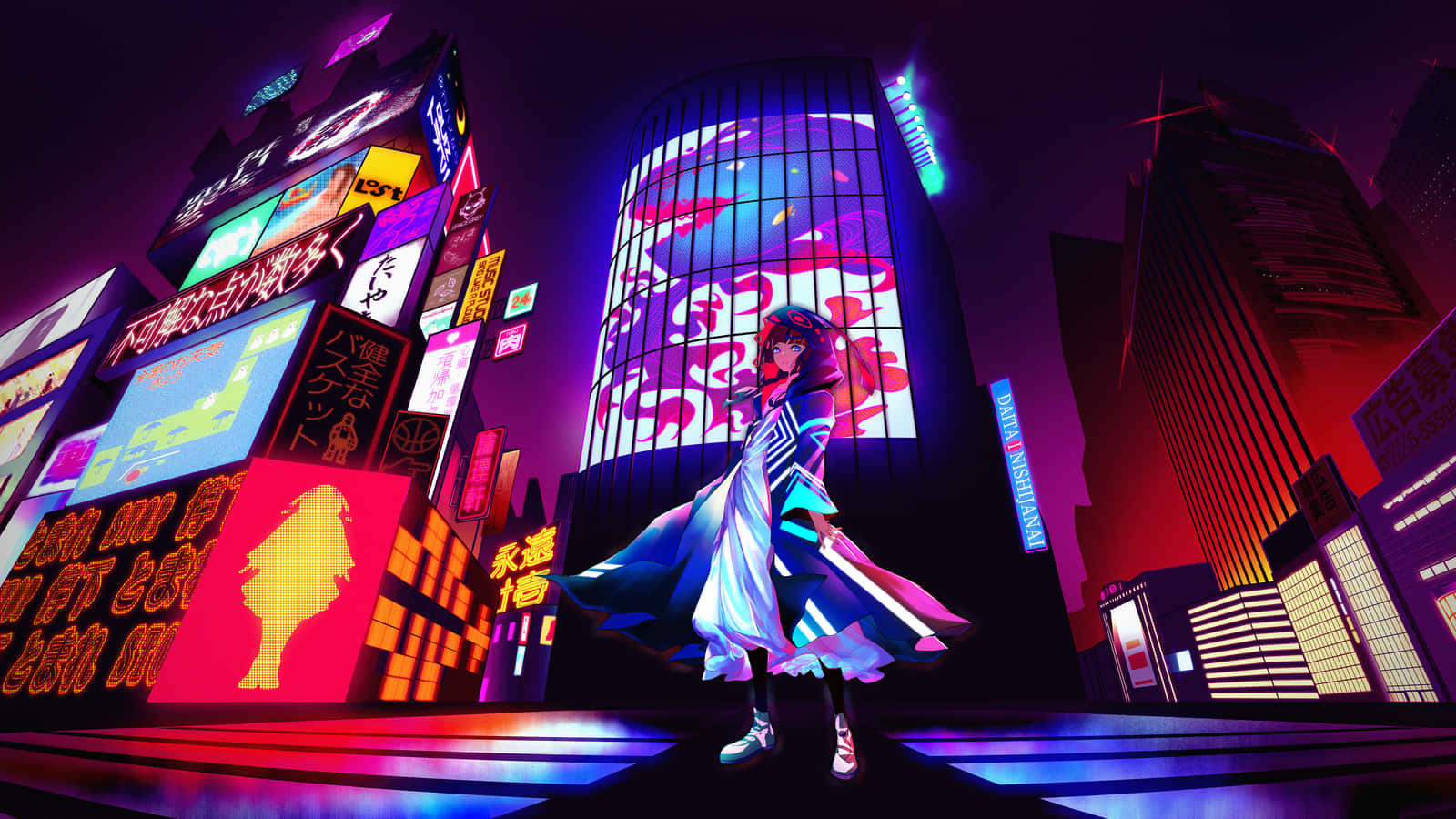 3d City 桌布 壁紙 — 一個穿著發光外套的賽博龐克動漫女孩，夜晚站在霓虹燈閃爍的東京摩天大樓之間。
