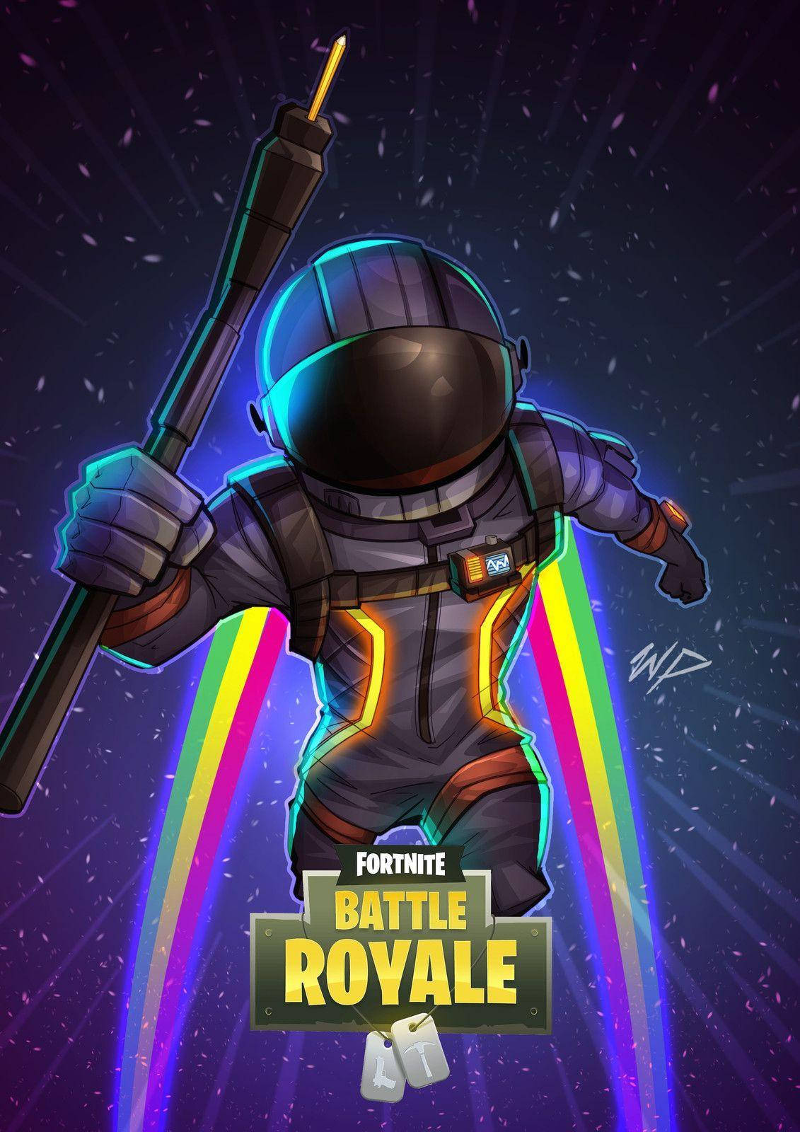 Fortnite 造型 桌布 壁紙 — 一個穿著發光套裝的Fortnite太空人角色，在星空宇宙背景下手持火箭發射器，伴隨著彩虹軌跡。