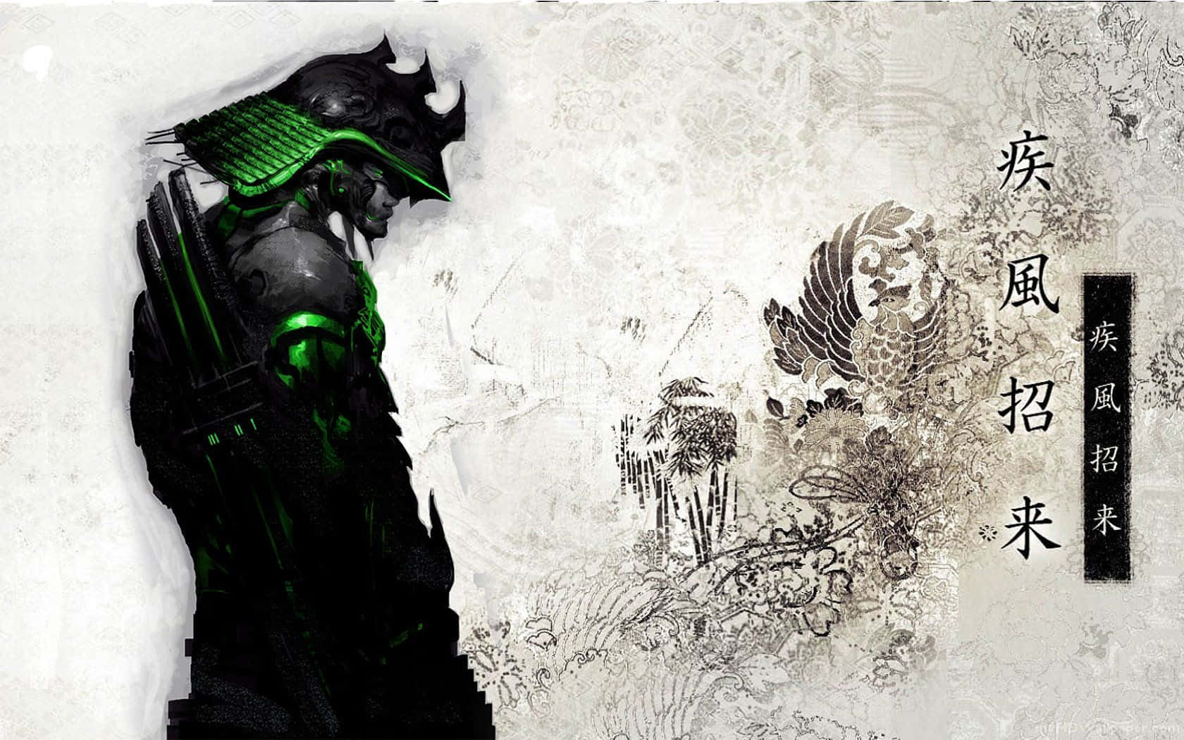 武士 桌布 壁紙 — 一個穿著發光綠色盔甲的賽博龐克武士，站在帶有書法和神話生物的傳統日本水墨背景前。