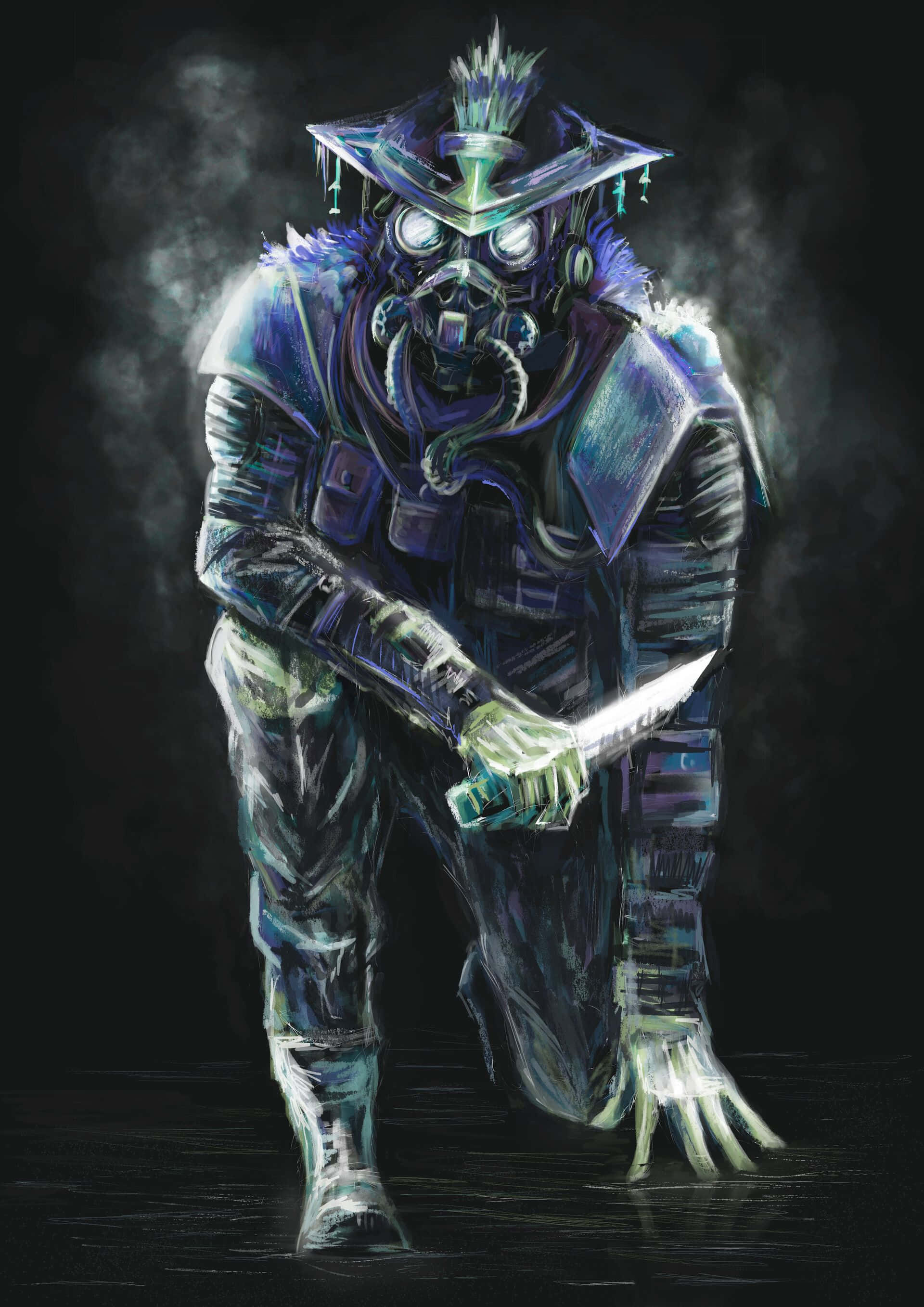 Apex Legends Bloodhound 桌布 壁紙 — 一個穿著發光防毒面具的威脅性裝甲人物，在煙霧瀰漫的黑暗背景下揮舞著一把刀。