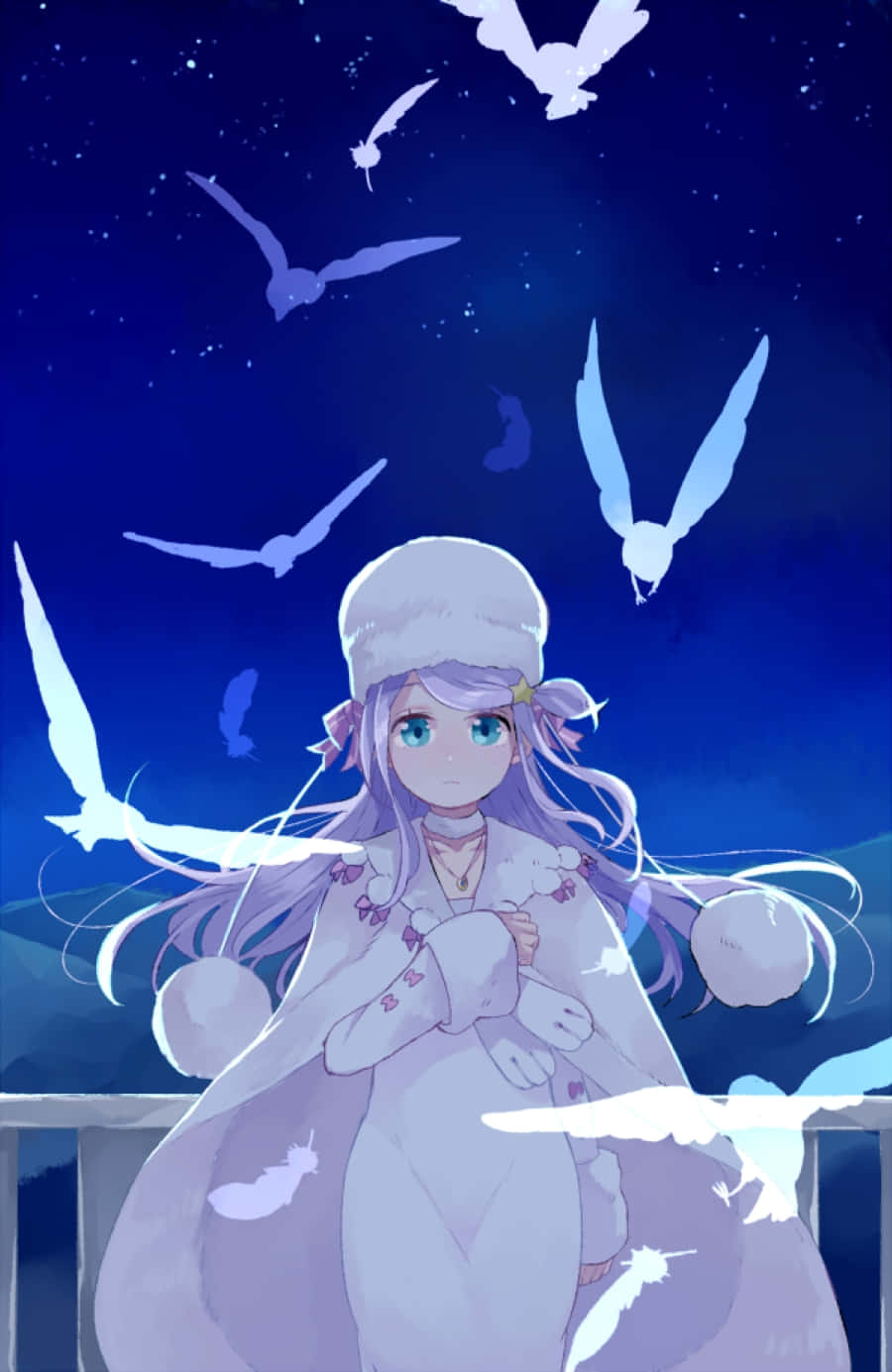 Anastasia Hoshin 桌布 壁紙 — 一個穿著白色冬季外套和帽子的寧靜動漫女孩站在星空下，發光的鳥兒在她周圍飛翔。