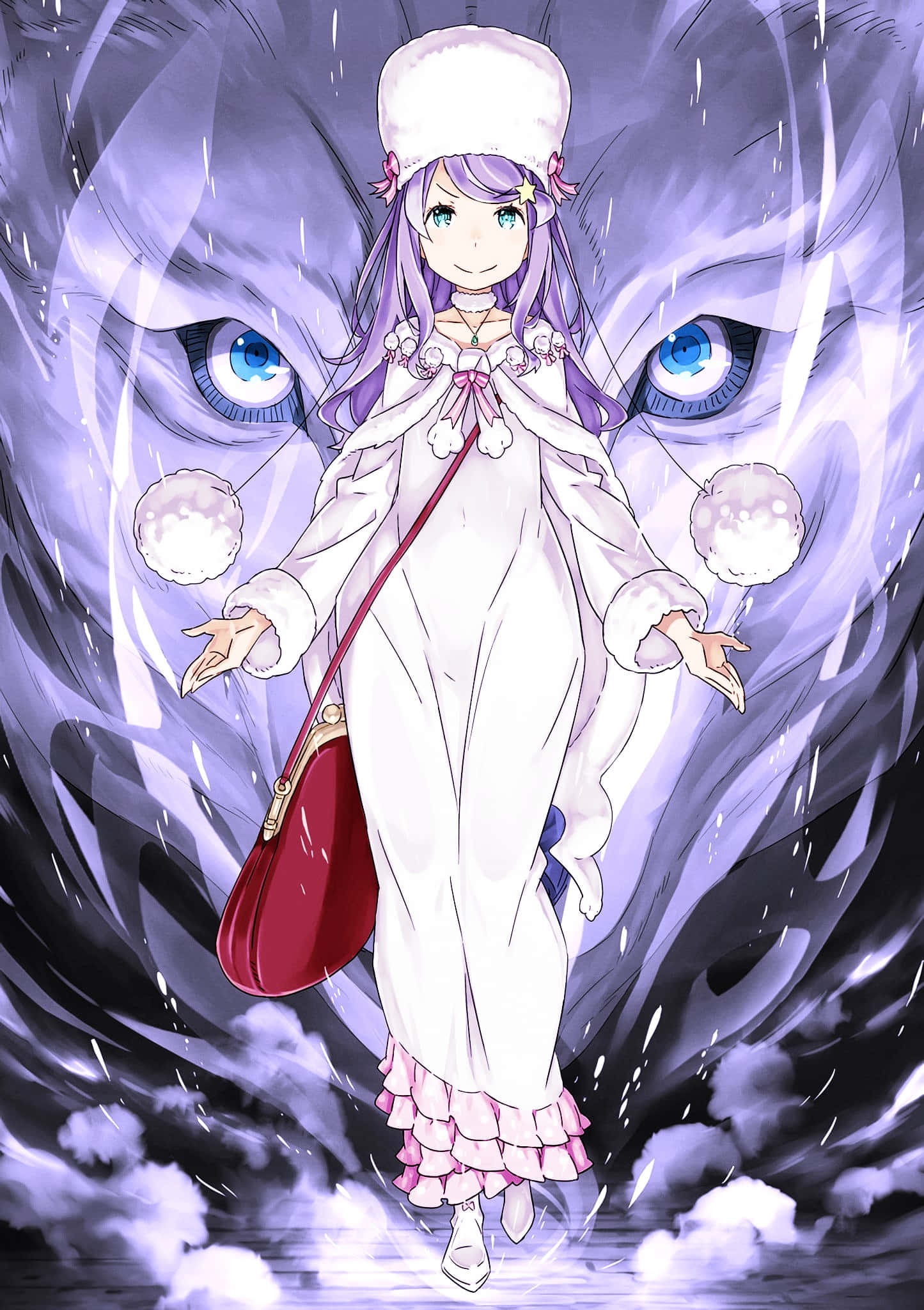 Anastasia Hoshin 桌布 壁紙 — 一個穿著白色冬季外套和帽子的開朗動漫女孩，站在一隻擁有發光藍色眼睛的巨狼臉前。
