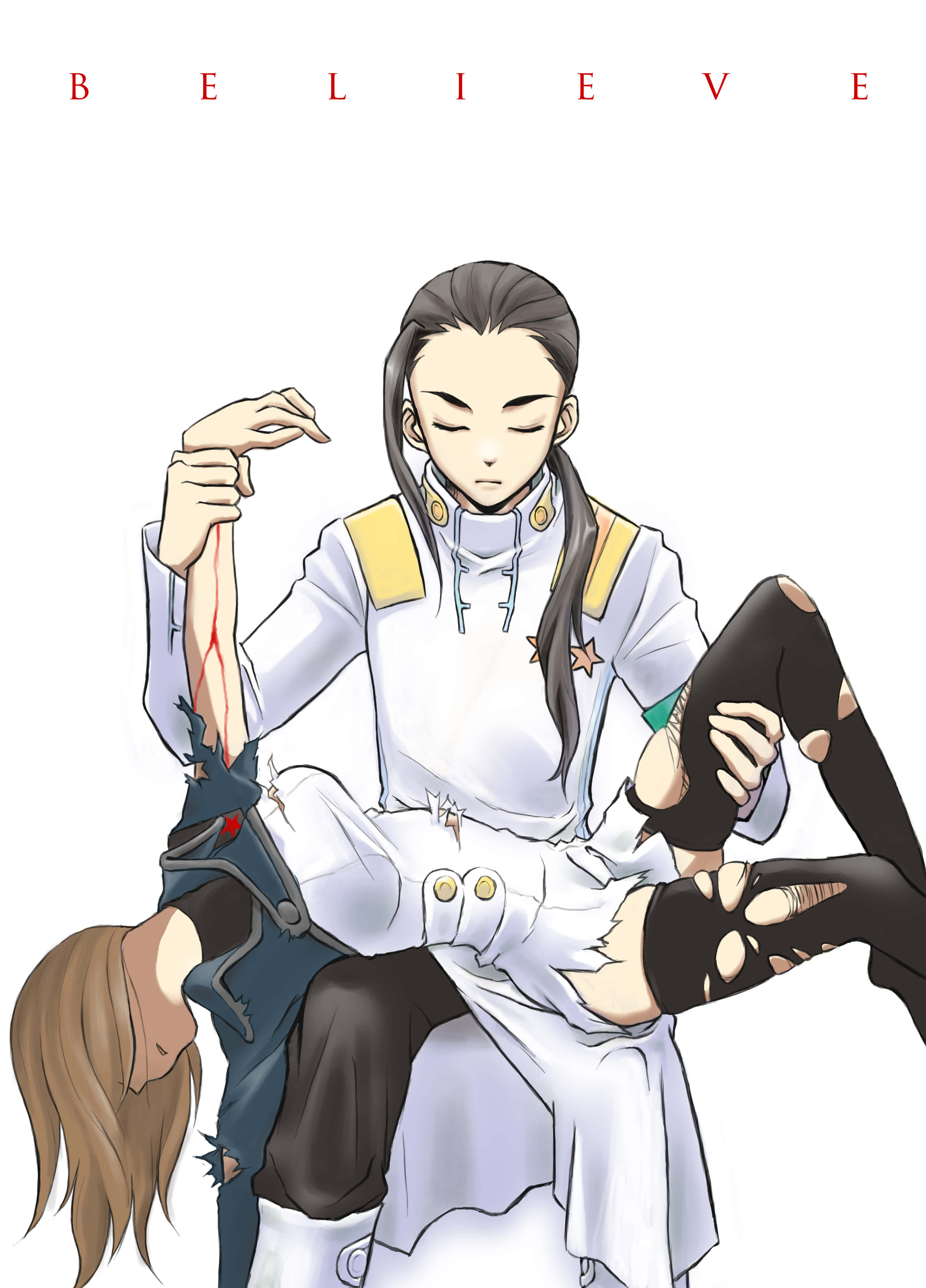 Rossiu Adai 桌布 壁紙 — 一個穿著白色制服嘅動漫角色抱住一個流血嘅人物，而believe呢個字漂浮喺上面。