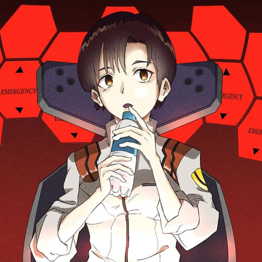 Maya Ibuki 桌布 壁紙 — 一個穿著白色制服嘅年輕動漫角色，喺紅色六角形緊急牆前面用樽飲嘢。