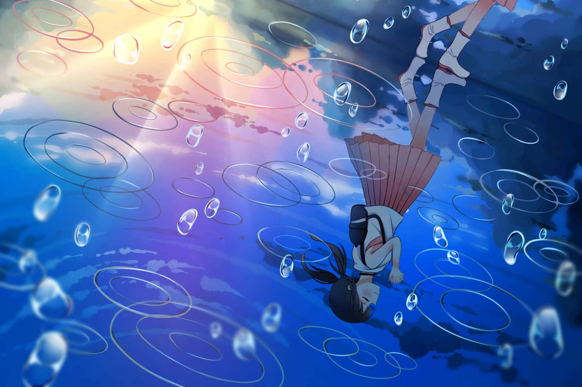 Weathering With You 桌布 壁紙 — 一個穿著白色和服的女孩在色彩繽紛的天空下，穿過旋轉的漣漪和漂浮的氣泡潛入水中。