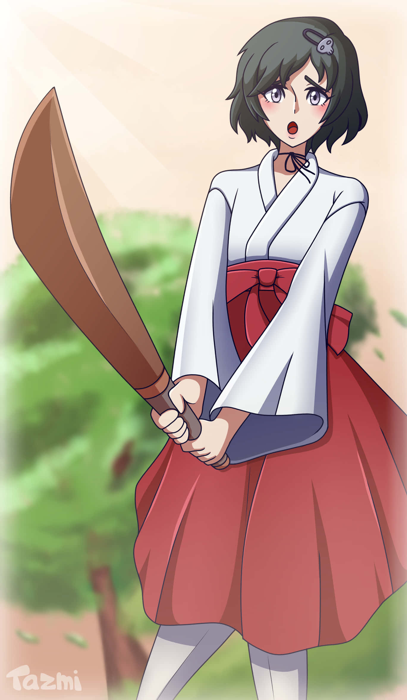 Luka Urushibara 桌布 壁紙 — 一個穿著白色和紅色和服的驚訝動漫女孩，在戶外揮舞著一把大木劍。