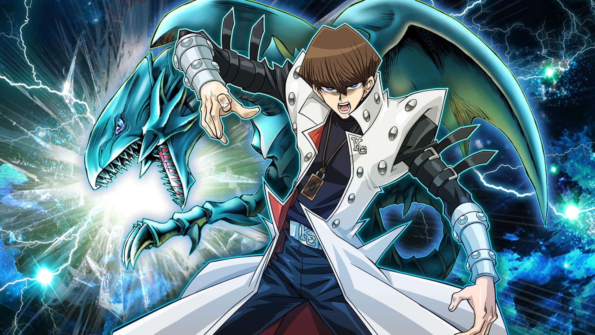 Yugioh 桌布 壁紙 — 一個穿著白色外套、意志堅定的動畫男孩，在帶電的暴風雲中召喚出一條發光的藍色龍。
