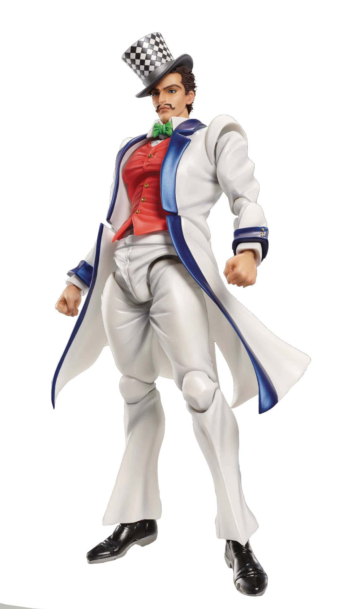 Will A Zeppeli 桌布 壁紙 — 一個穿著白色外套、紅色背心和格仔高帽的男人的詳細動漫人偶，在純白色背景前動態擺姿勢。