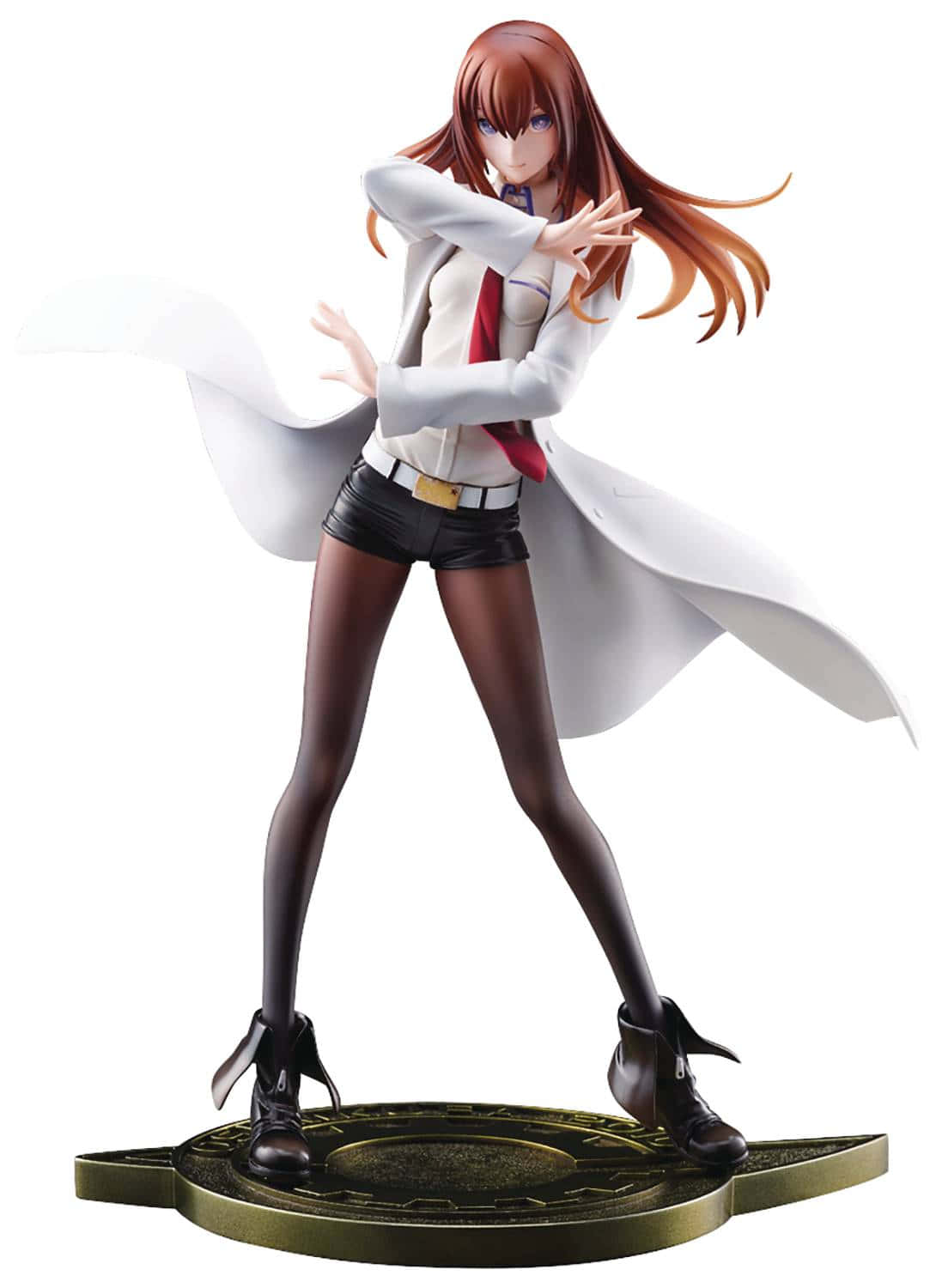 kurisu makise 桌布 壁紙 — 一個穿著白色外套和黑色短褲、留著長長棕色頭髮的動漫女孩人偶，擺出動感姿勢。