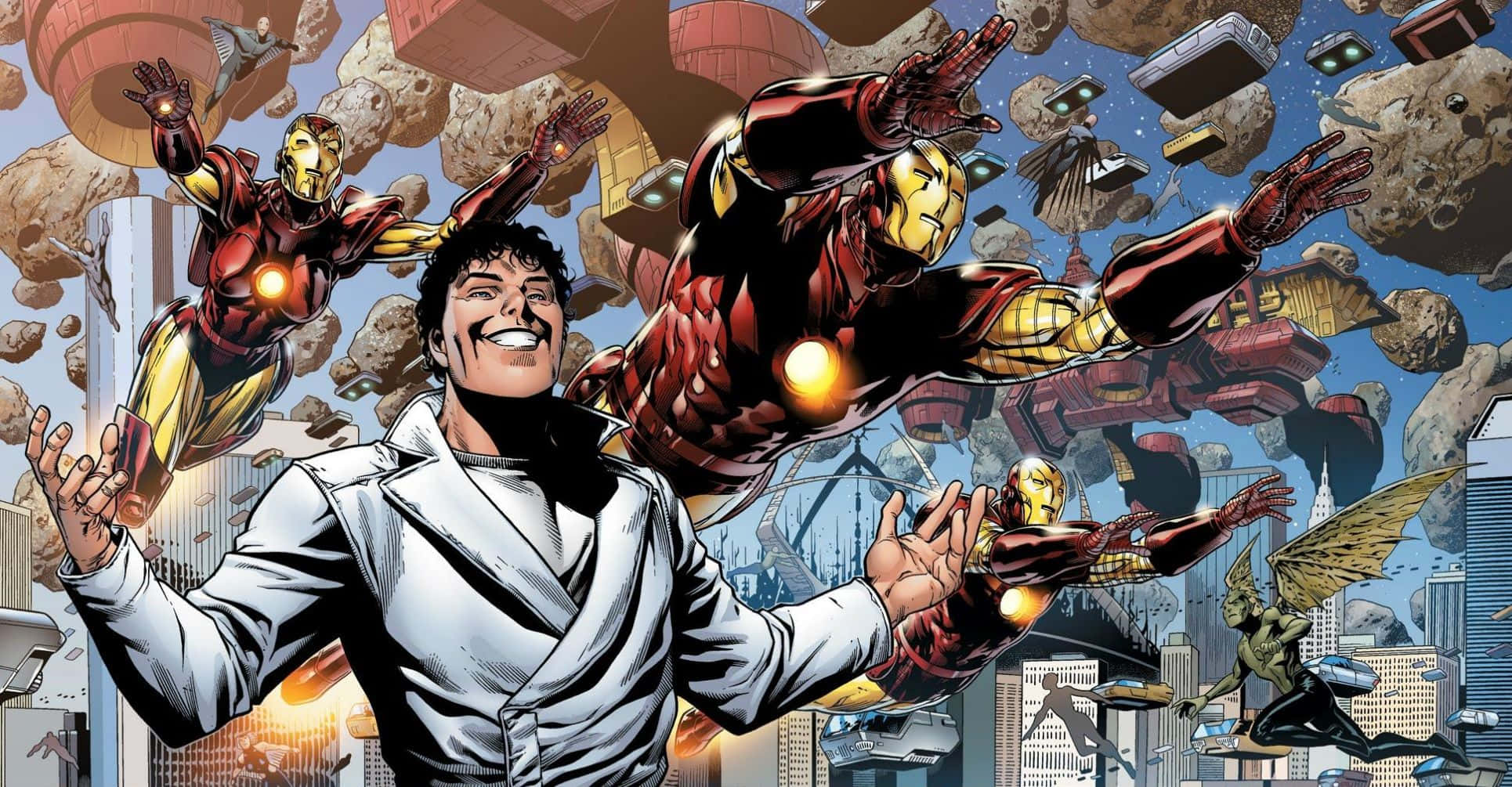 Beyonder 桌布 壁紙 — 一個穿著白色外套的男人勝利地站著，多個鐵甲奇俠裝甲在他周圍飛翔，四周有漂浮的碎片和城市建築。