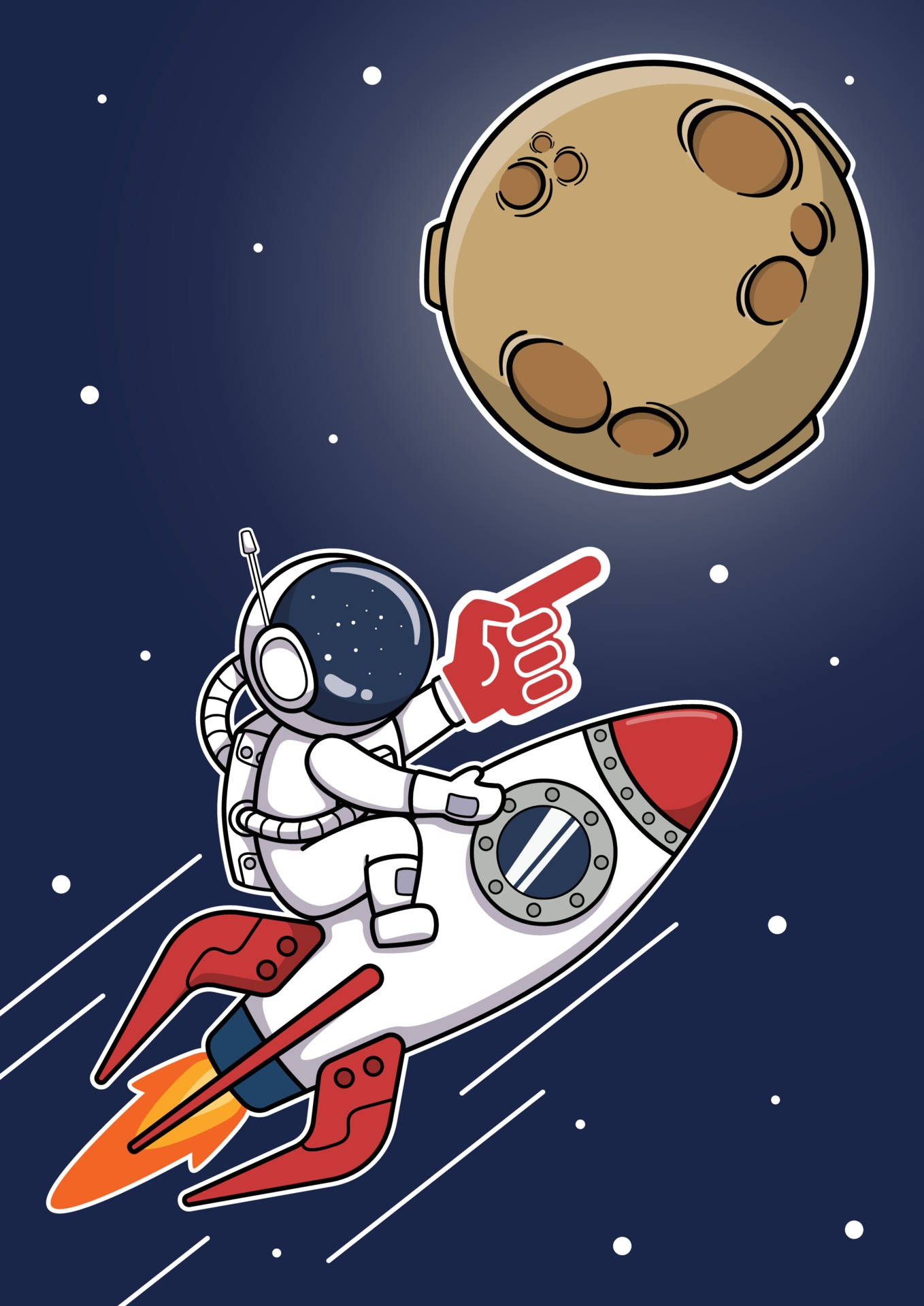 太空人 桌布 壁紙 — 一個穿著白色太空衣的卡通太空人騎著紅色火箭穿過星空指向月球。