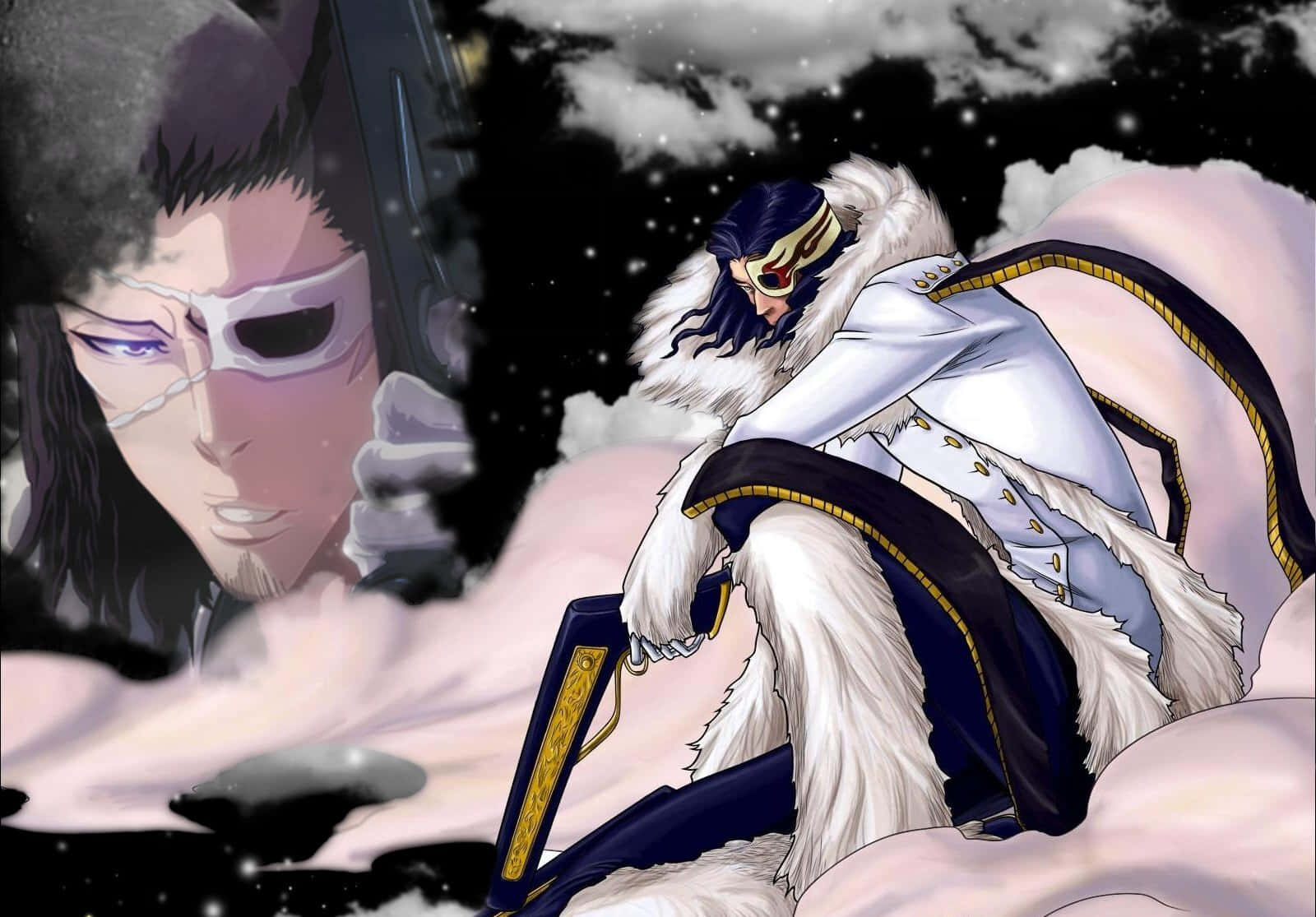 Coyote Starrk 桌布 壁紙 — 一個穿著白色毛皮襯裡外套的動漫角色坐在雲端上，背景是星空夜空，後面有一個幽靈般的臉孔若隱若現。