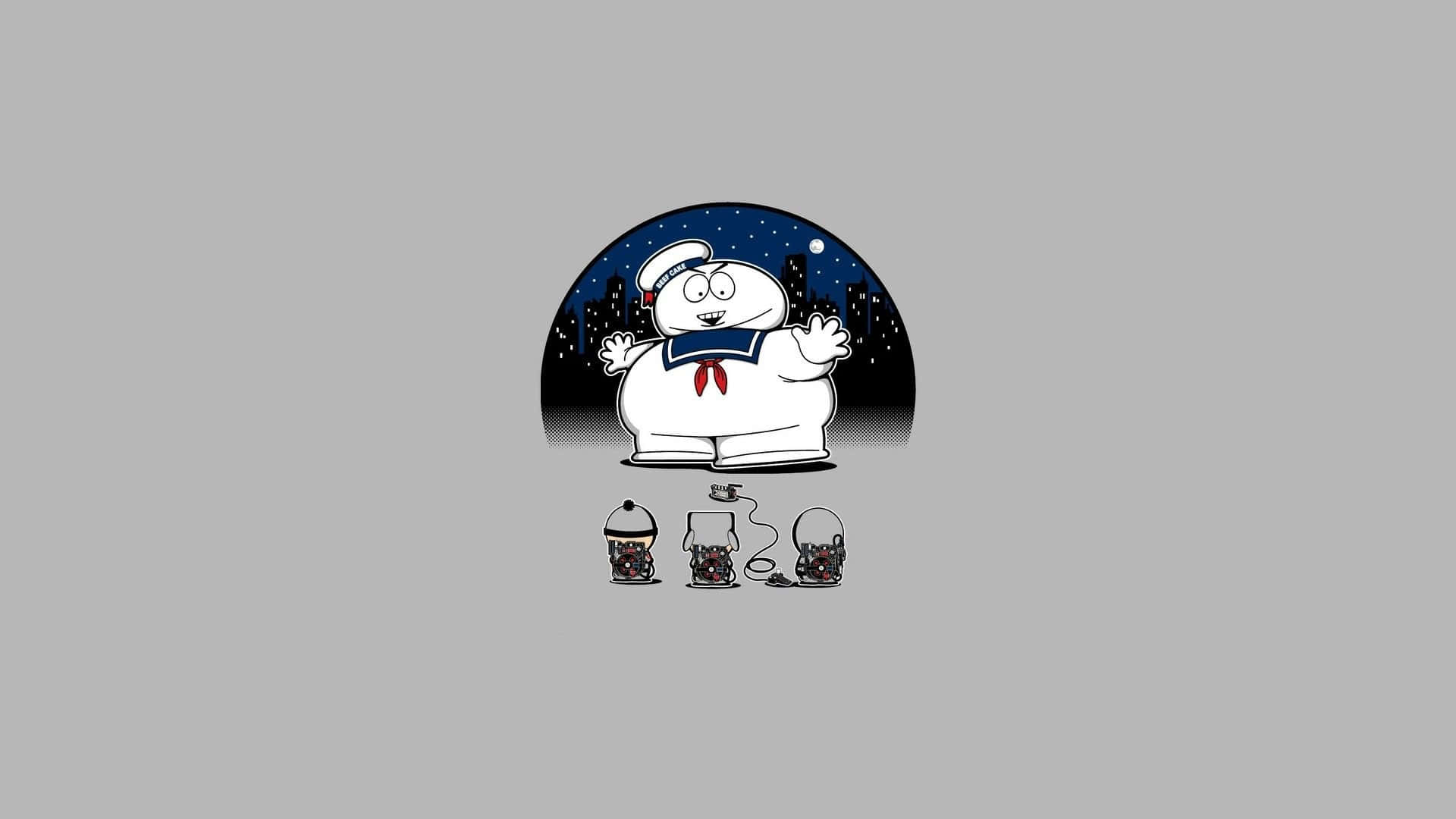Ghostbusters 桌布 壁紙 — 一個穿著白色連身衣的卡通捉鬼敢死隊站在繁星點點的夜空前，下方有三個細小的鬼魂身影。