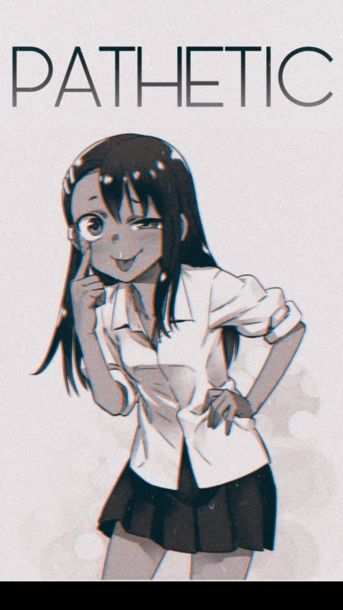 長瀞 桌布 壁紙 — 一個穿著白襯衫和黑裙的開朗動漫女孩，在純色背景前微笑著將手指放在嘴唇上。