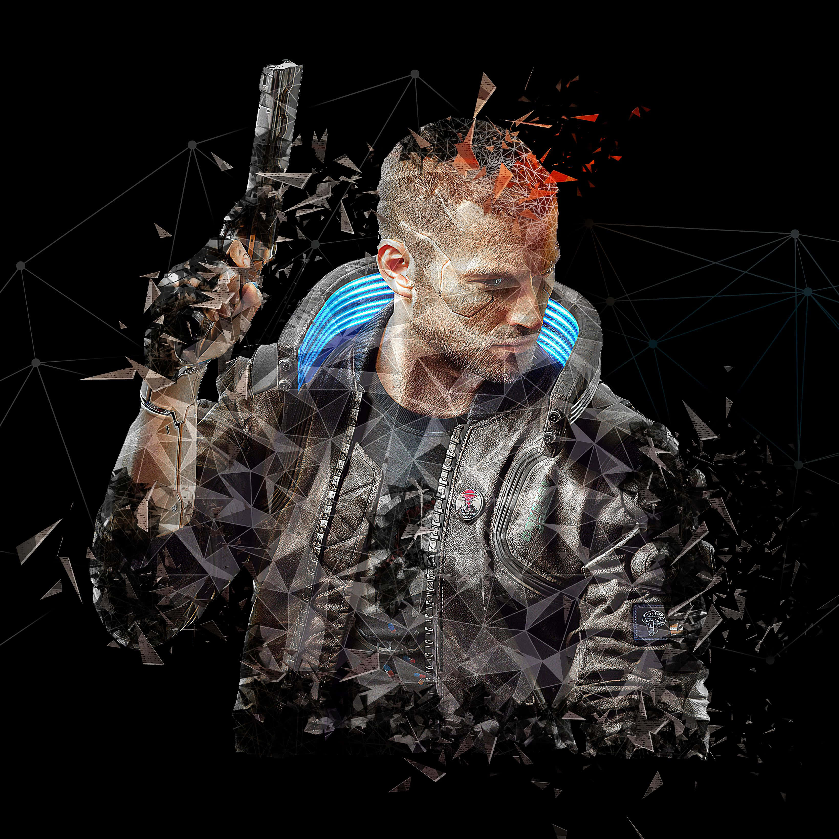 Cyberpunk 2077 Characters 桌布 壁紙 — 一個穿著皮褸的男人手持槍支，身體碎裂成發光的幾何碎片，背景是黑暗的網絡。