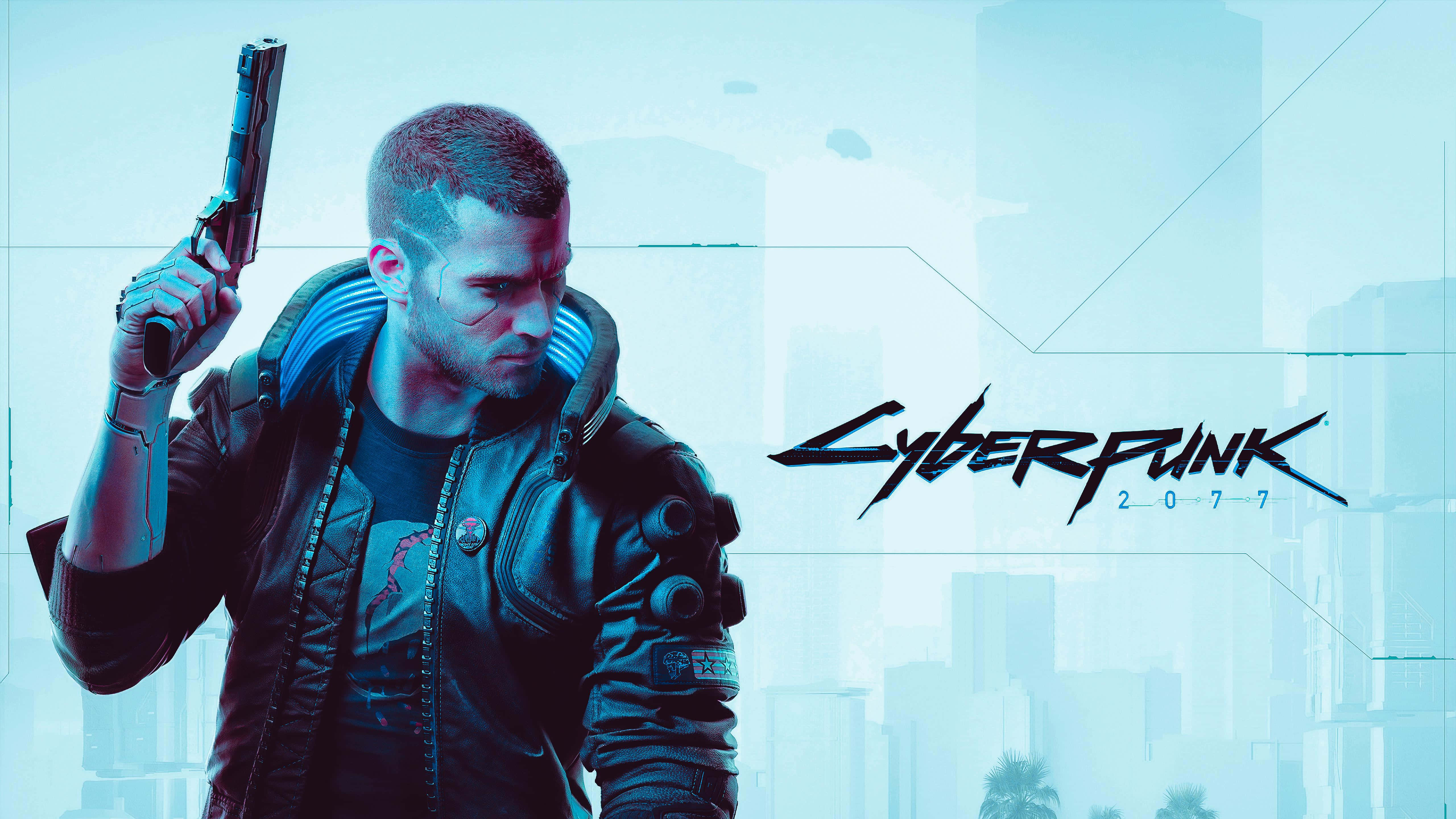 Cyberpunk 2077 Characters 桌布 壁紙 — 一個穿著皮褸的賽博朋克主角，在霓虹燈閃爍的未來城市天際線前手持手槍。