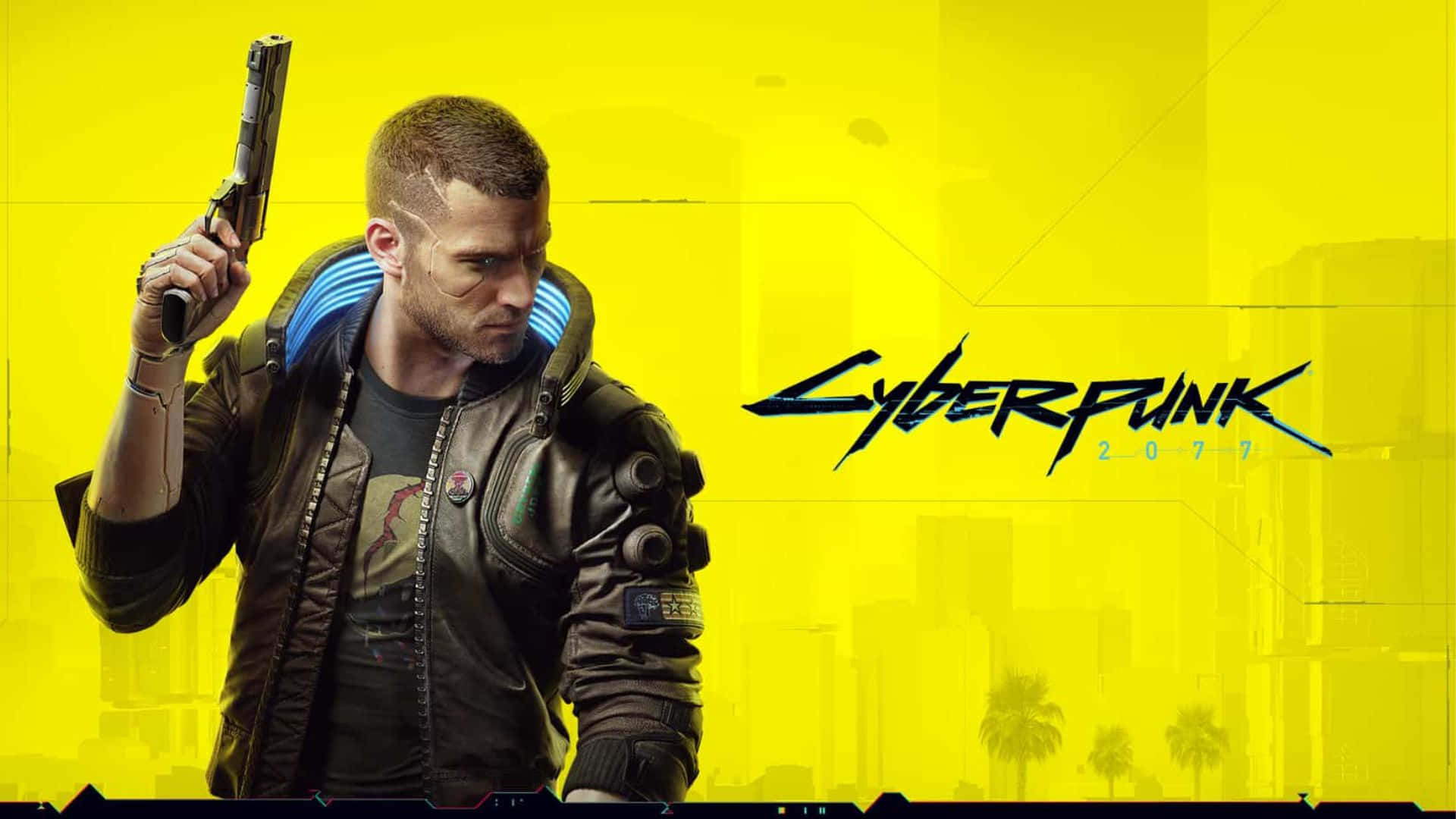 Cyberpunk 2077 Characters 桌布 壁紙 — 一個穿著皮褸的賽博龐克主角，在霓虹黃色城市景觀背景下手持手槍。