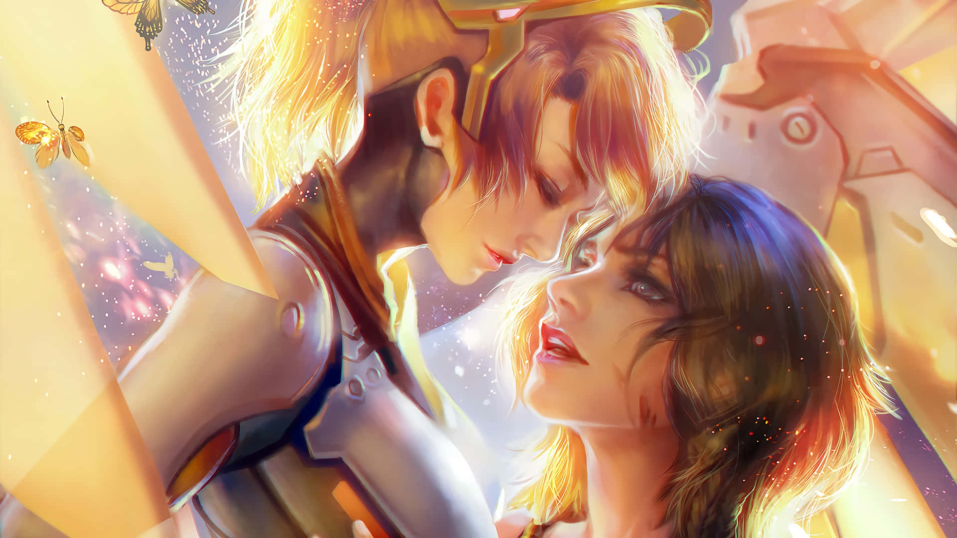 Overwatch Mercy 桌布 壁紙 — 一個穿著盔甲的戰士與一位擁有發光頭髮的女性在溫暖金色燈光下的溫柔動漫時刻。