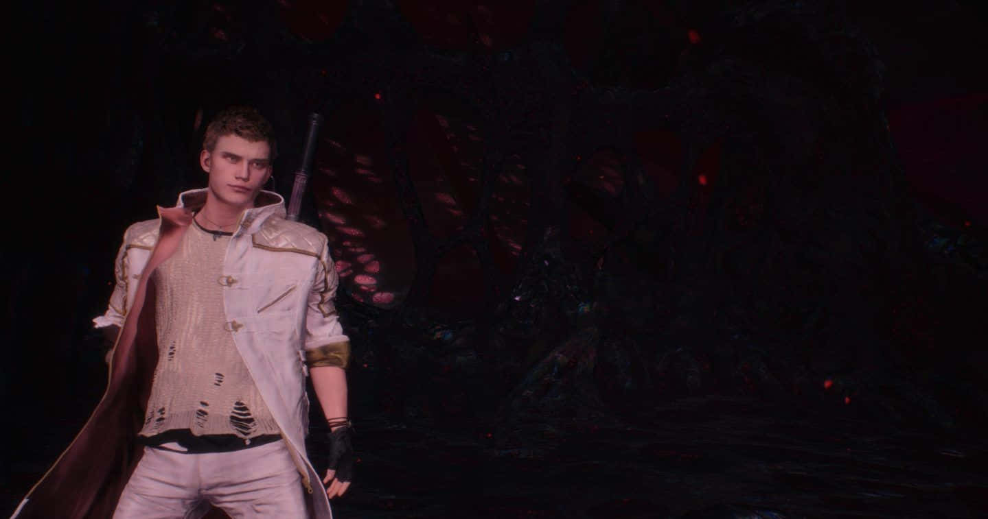 Devil May Cry Characters 桌布 壁紙 — 一個穿著破爛白色外套的電子遊戲角色站在一個黑暗的洞穴中，背景有發光的紅色眼睛。