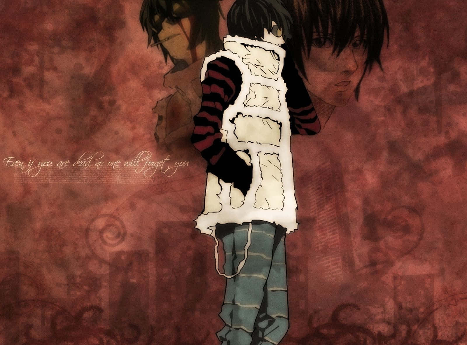 Death Note Matt 桌布 壁紙 — 一個穿著破爛白色背心的動漫角色站在帶有褪色面孔和漩渦圖案的紋理紅色背景前。