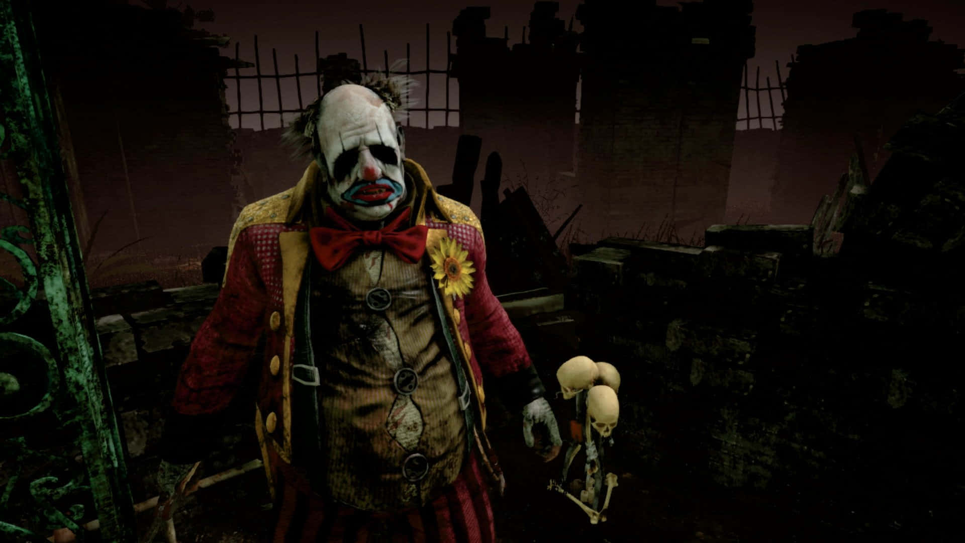 Dead By Daylight Killers 桌布 壁紙 — 一個穿著破爛紅外套的可怕小丑，在廢墟般的黑暗城市荒地中手持頭骨。