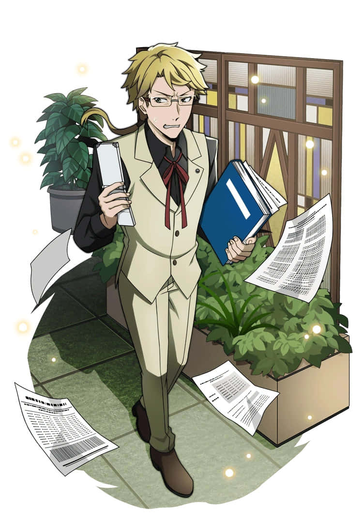 Kunikida 桌布 壁紙 — 一個穿著米色西裝的壓力大的動漫男子，在一個有盆栽植物和發光燈光的雜亂辦公室裡，拿著滿溢的文件和紙張。