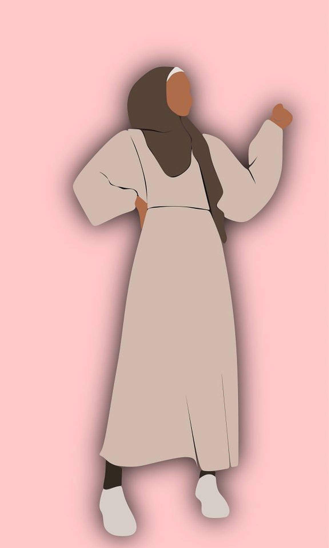 hijab cartoon 桌布 壁紙 — 一個穿著米色長袍和棕色頭巾的風格化人物，在柔和的粉紅色背景上自信地站立，一隻拳頭高舉。