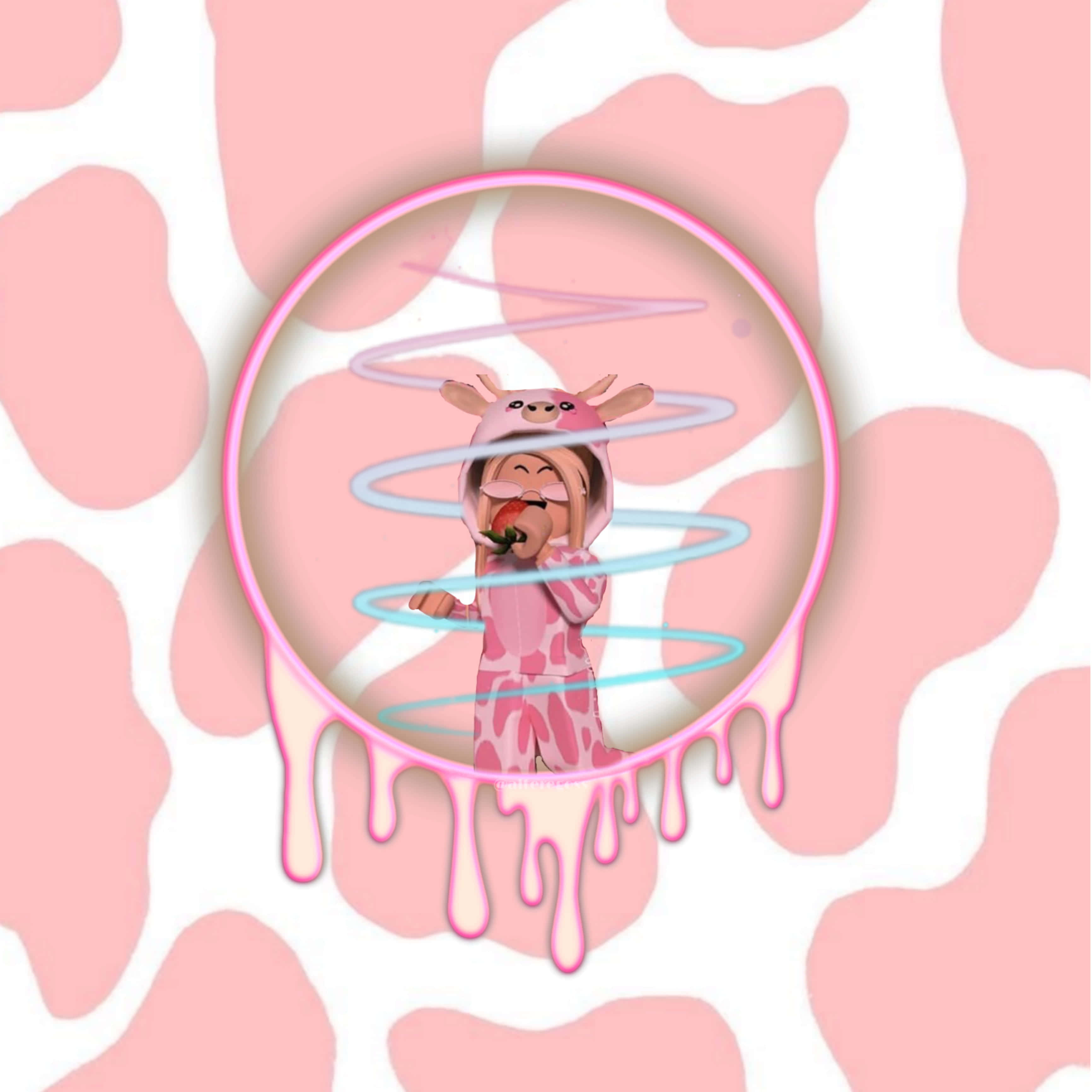 Kawaii Strawberry Cow 桌布 壁紙 — 一個穿著粉紅色乳牛服裝的小孩在一個發光的粉紅色圓圈內吃草莓，圓圈內有旋轉線條，背景是粉紅色和白色的乳牛圖案。