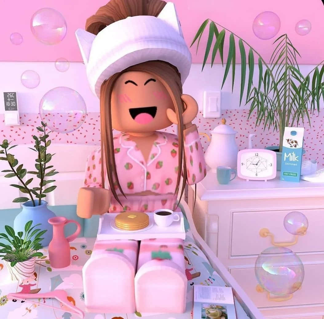Aesthetic Roblox 桌布 壁紙 — 一個穿著粉紅色士多啤梨睡衣的開心Roblox頭像，在充滿泡泡的柔和色調睡房中笑著拿著一杯咖啡。