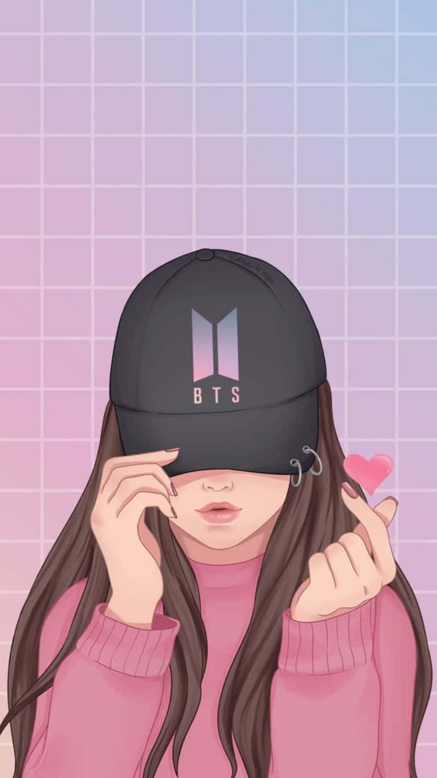 可愛少女風gif 桌布 壁紙 — 一個穿著粉紅色毛衣和黑色BTS帽子的女孩在粉彩網格背景前做出心形手勢。
