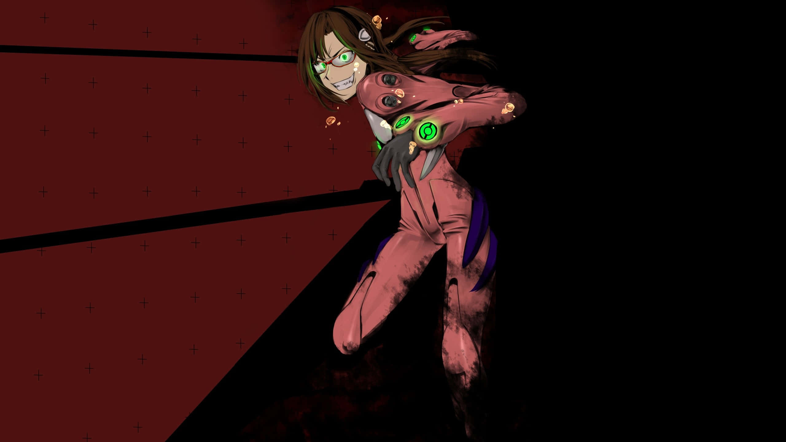 Mari Illustrious Makinami 桌布 壁紙 — 一個穿著粉紅色生物力學套裝、擁有發光綠色眼睛和電路的動漫女孩，蹲在紅色交叉影線牆前。