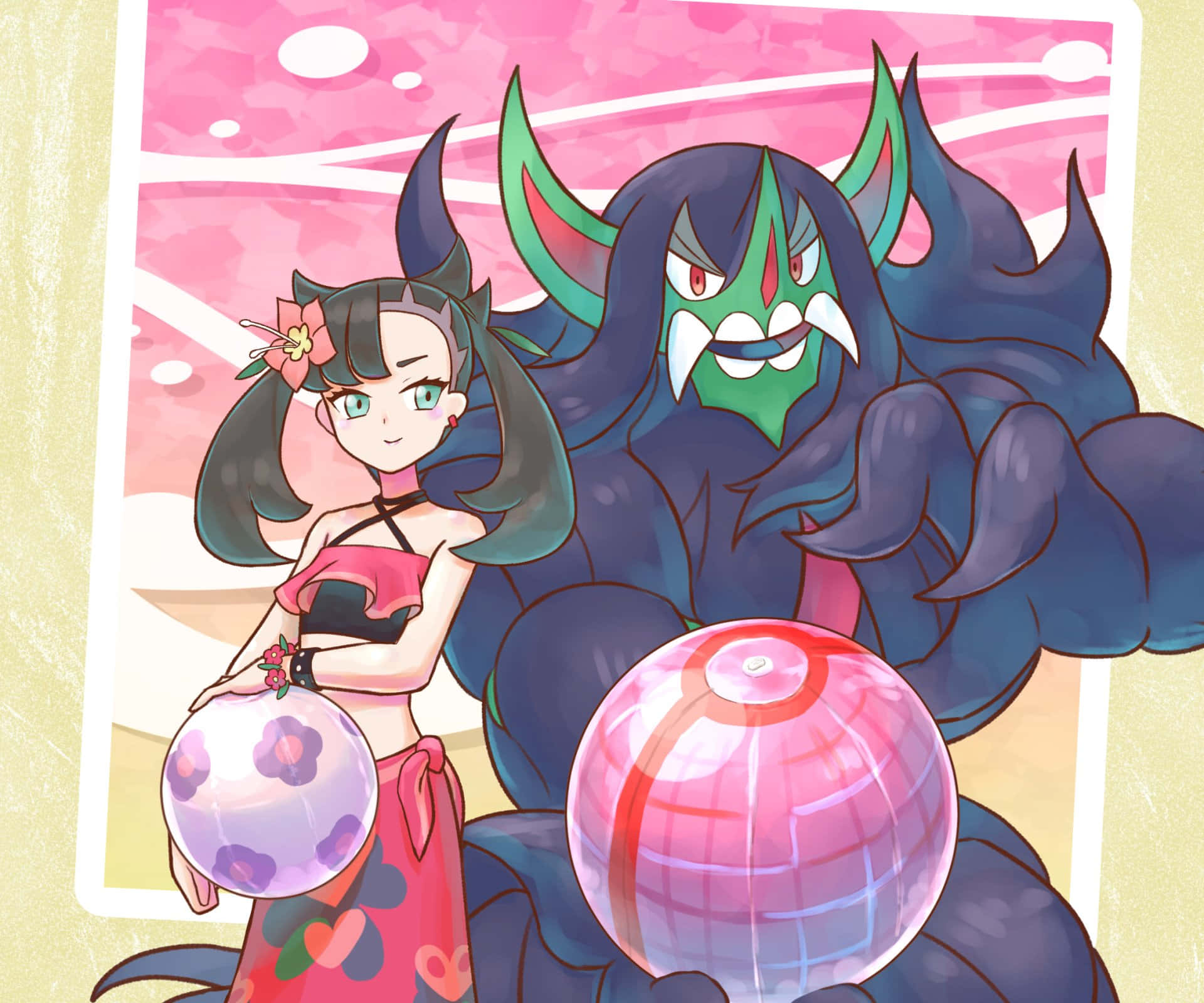 Pokemon Masters 桌布 壁紙 — 一個穿著粉紅色花卉服裝的開朗動畫女孩站在一個有綠色角的深藍色大怪物旁邊，在粉紅色天空背景下拿著沙灘球。